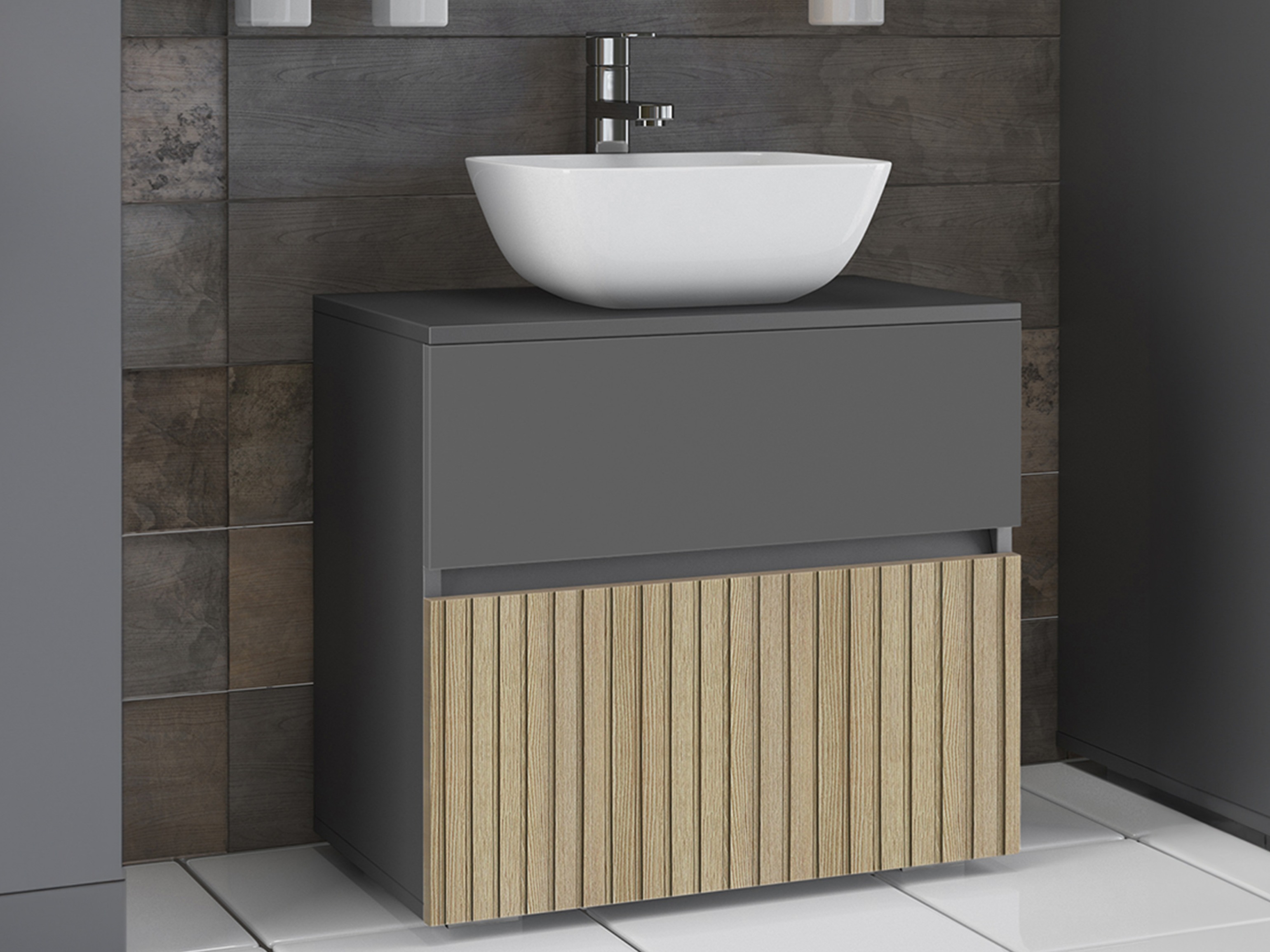 Stehender Badezimmerschrank für ein Waschbecken Soncamu 110 (Anthrazit + Eichenholzoptik hell)