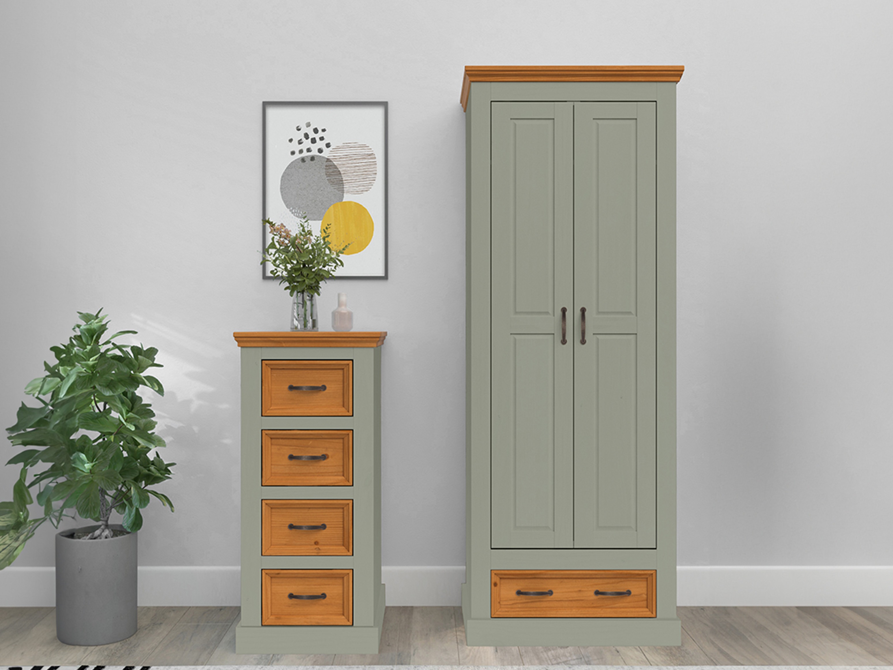 Kleiderschrank Tolelio 124 (Grün + Kiefernholzoptik)