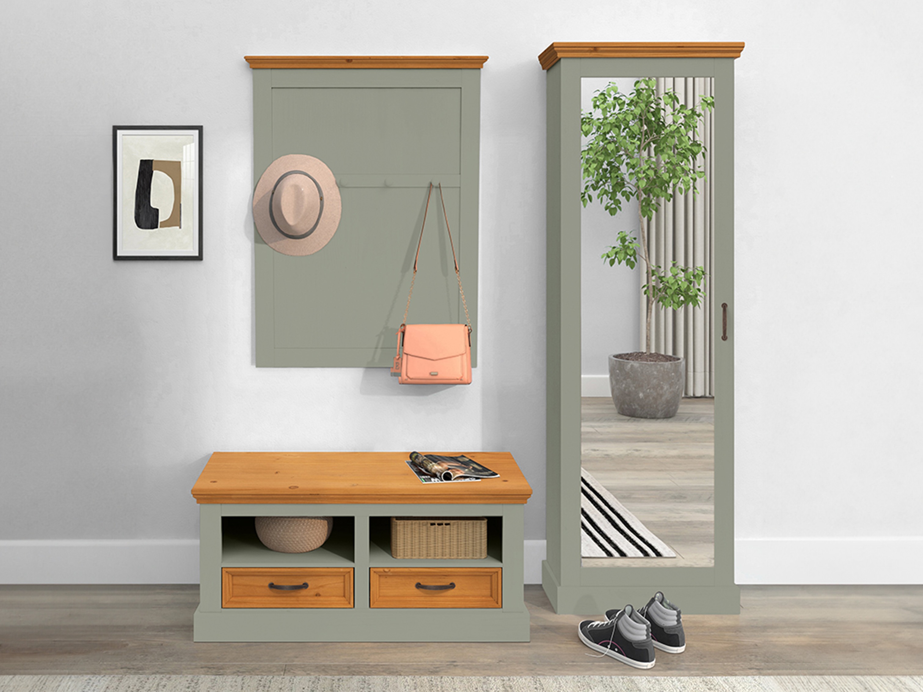 Schuhschrank Tolelio 128 (Grün + Kiefernholzoptik)