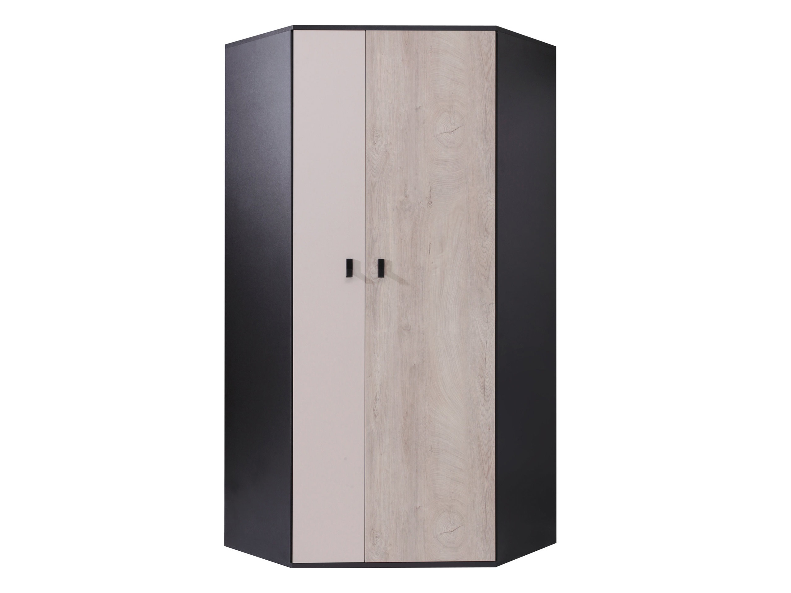 Eckkleiderschrank Camteso 100 (Schwarz + Eichenholzoptik + Beige)