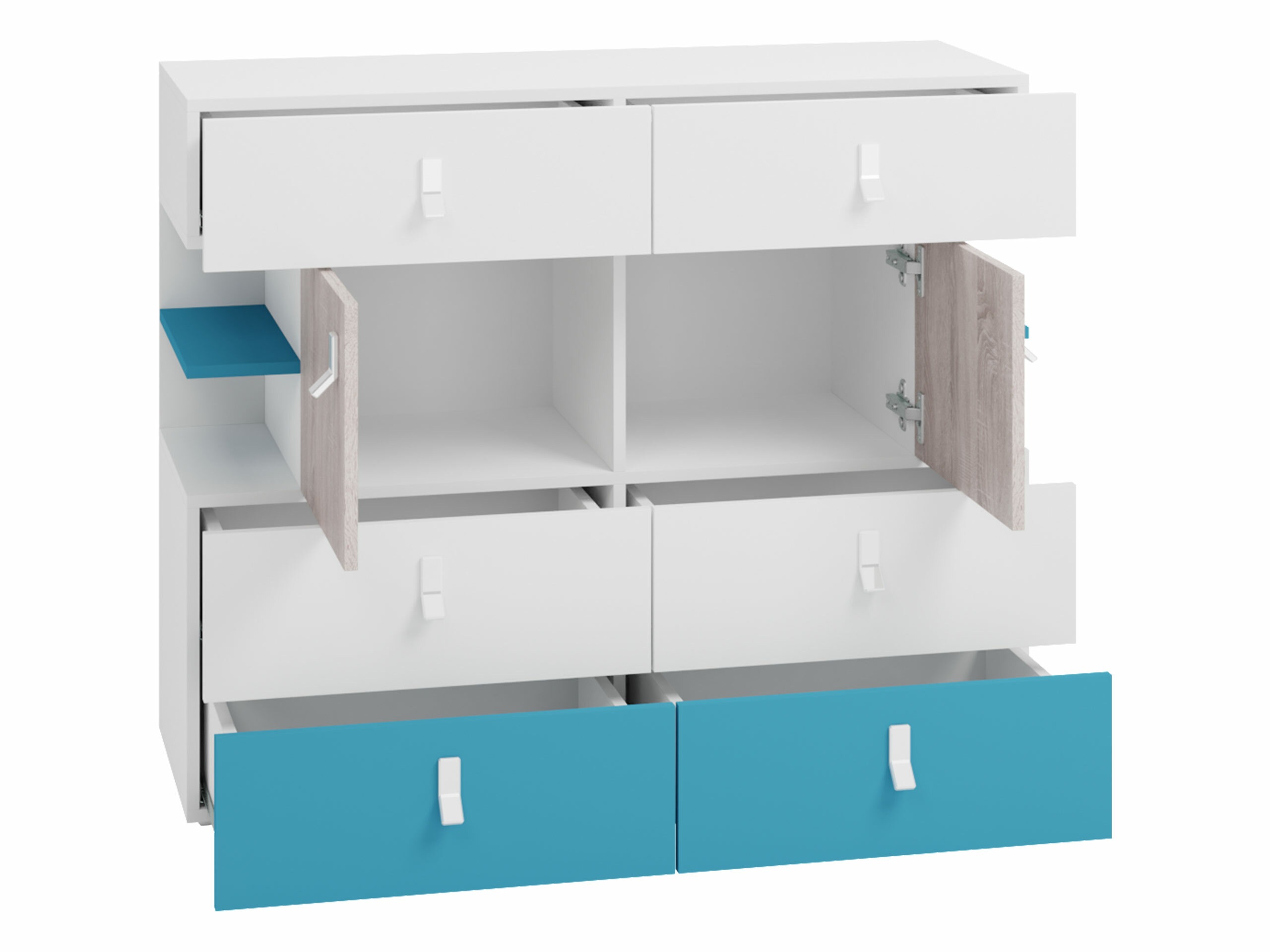Kommode Camteso 106 (Weiss + Eiche + Türkis)