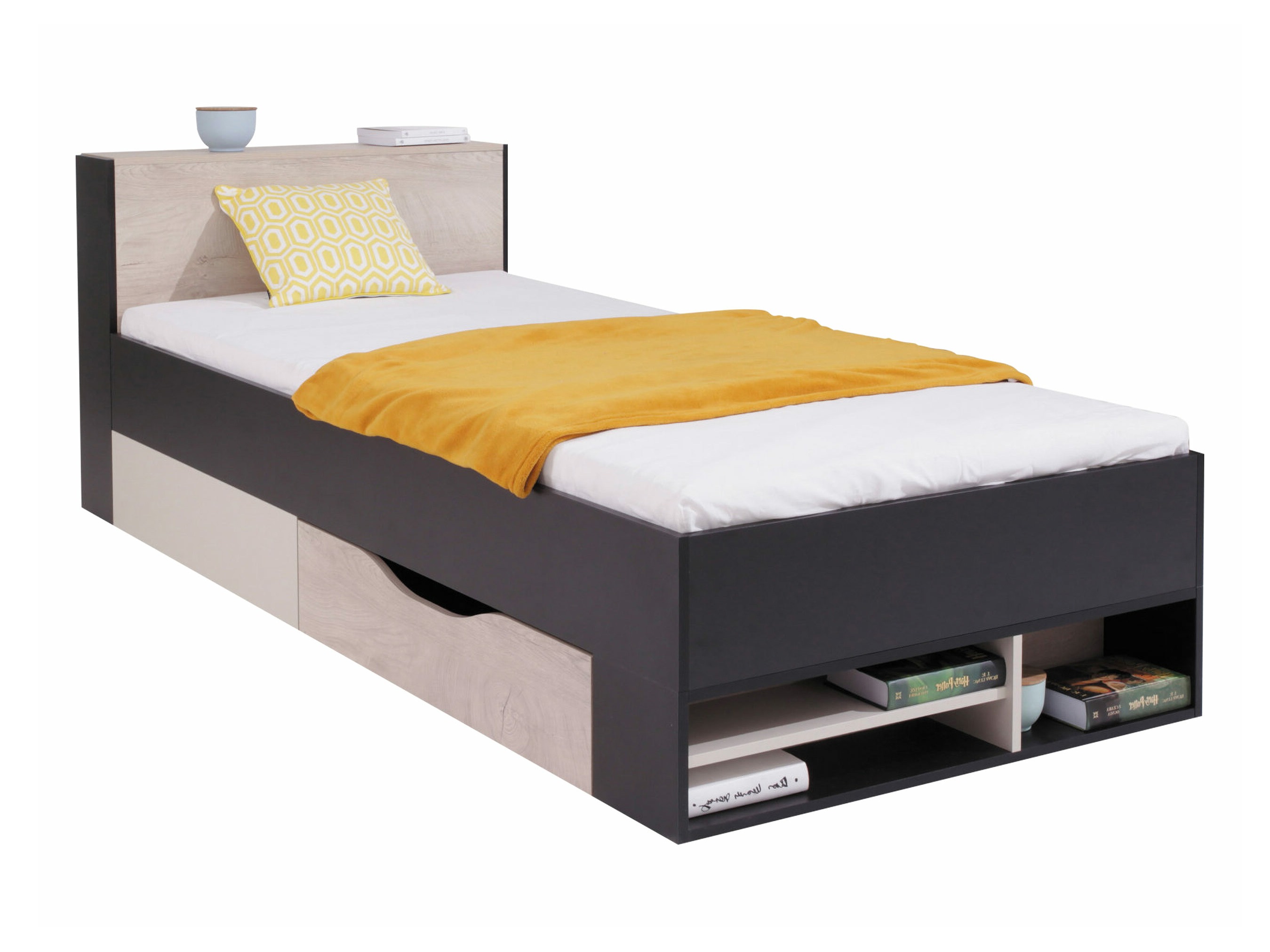 Bett Camteso 112 (Schwarz + Eichenholzoptik + Beige)