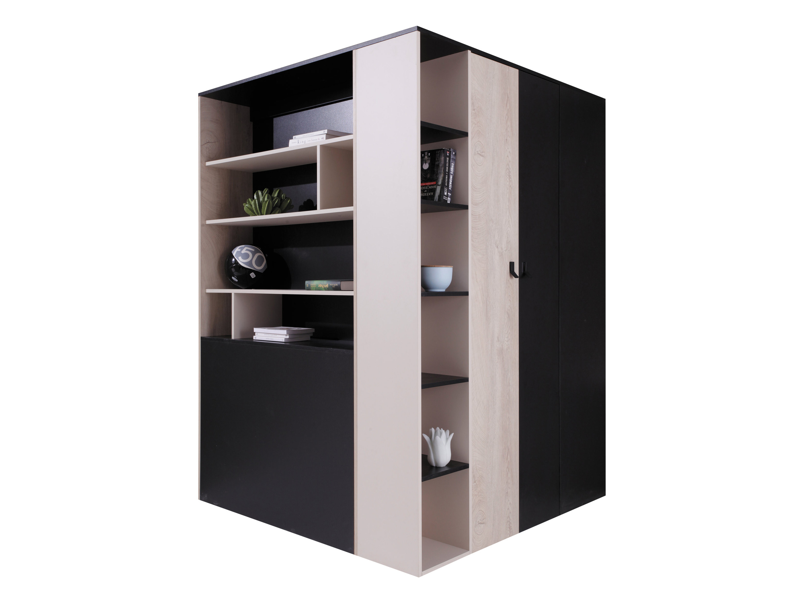 Eckkleiderschrank Camteso 113 (Schwarz + Eiche + Beige)