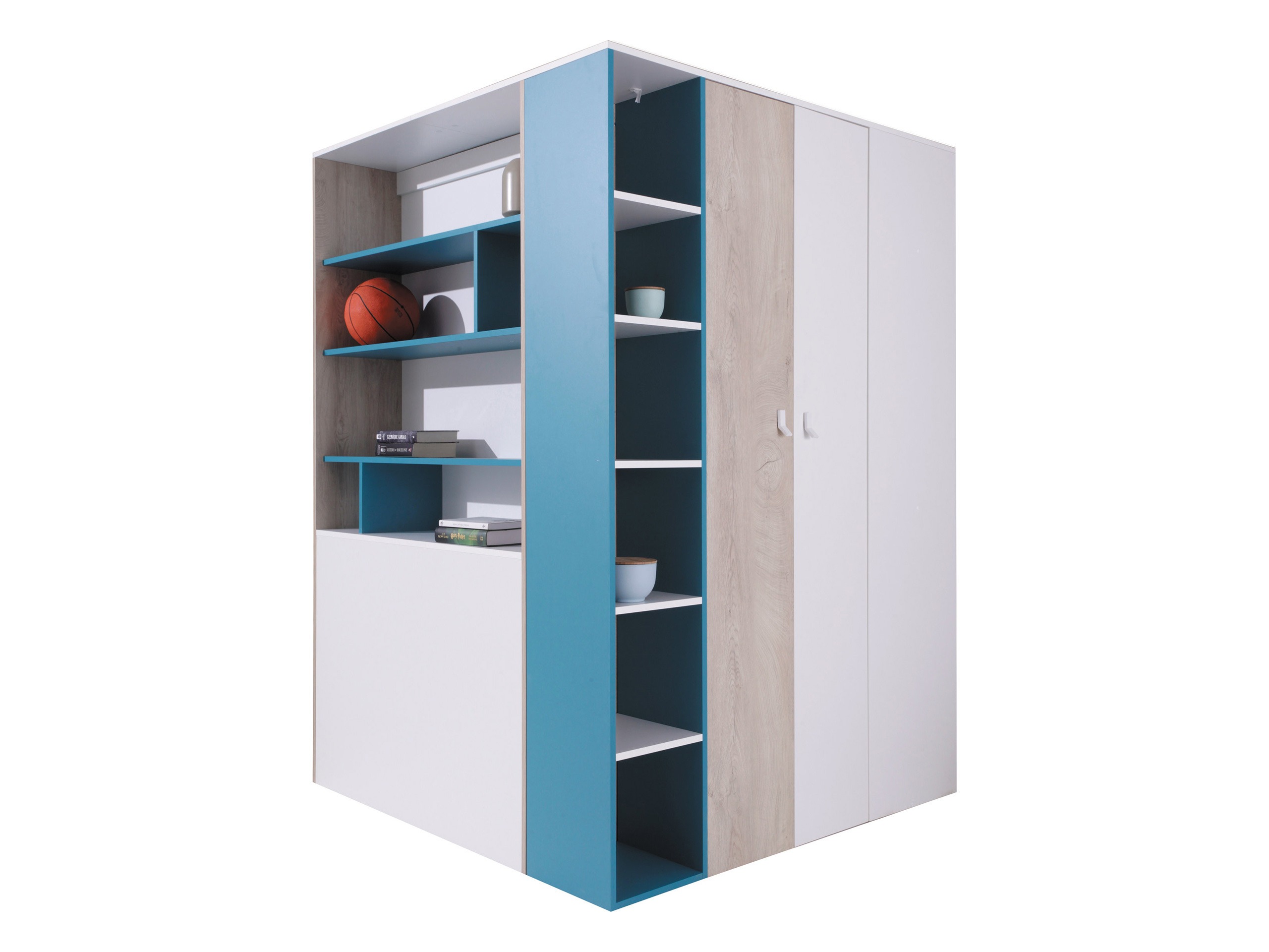 Eckkleiderschrank Camteso 113 (Weiss + Eiche + Türkis)