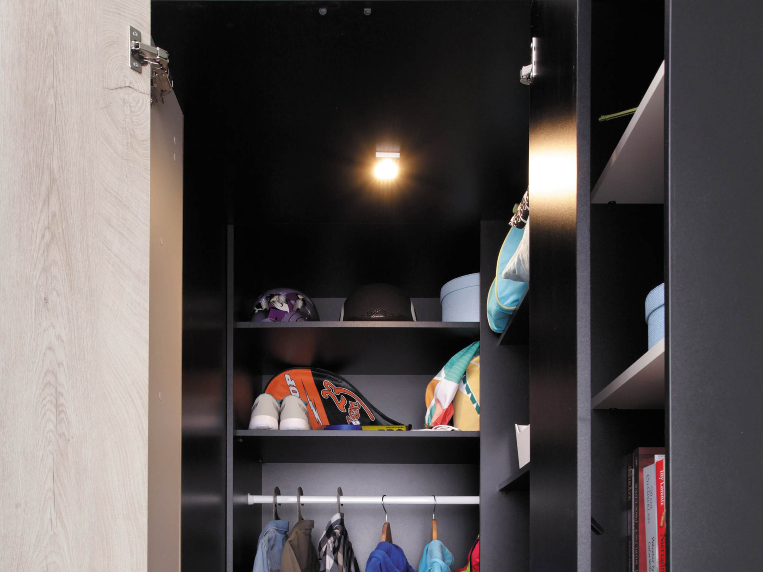 Eckkleiderschrank Camteso 113 (Weiss + Eichenholzoptik + Türkis)