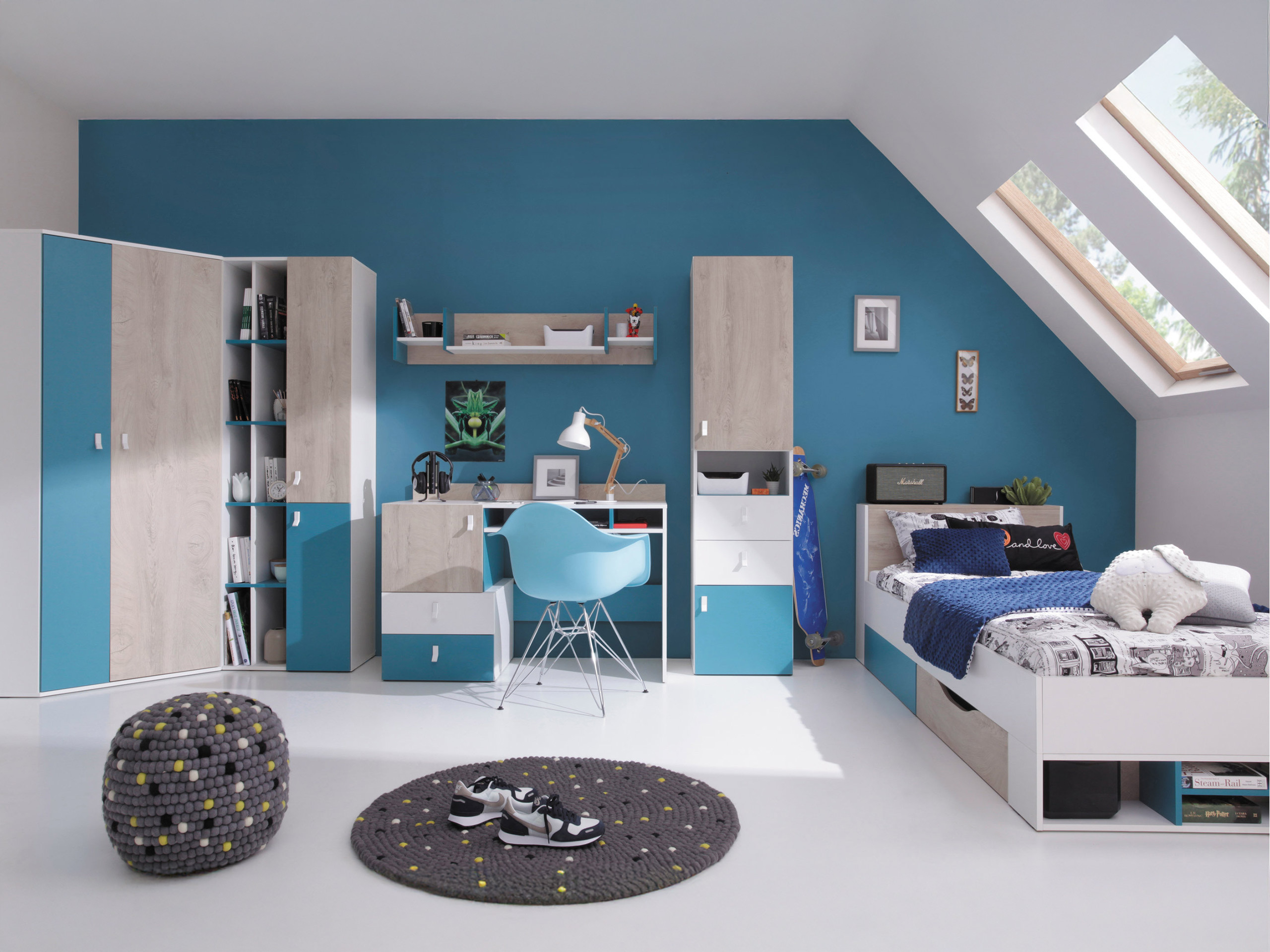 Kinderzimmer-Set Camteso 114 (Weiss + Eichenholzoptik + Türkis)