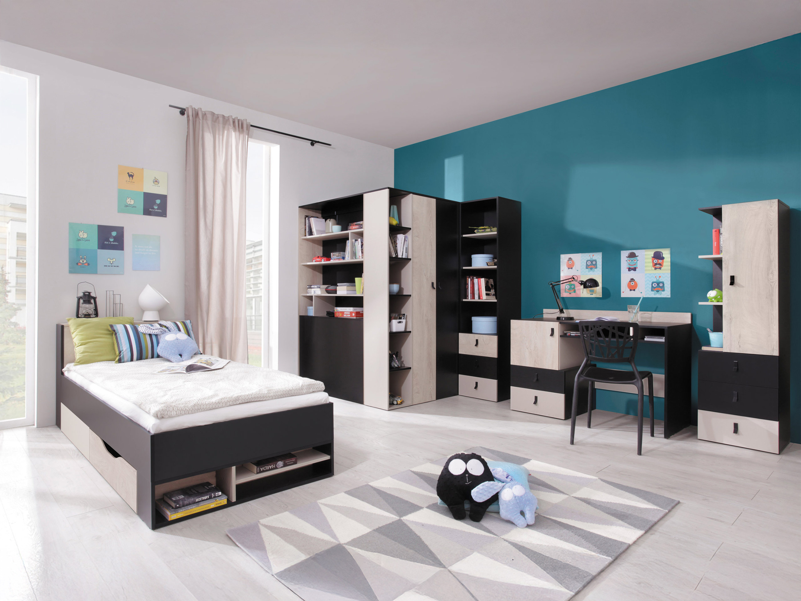 Kinderzimmer-Set Camteso 115 (Schwarz + Eichenholzoptik + Beige)