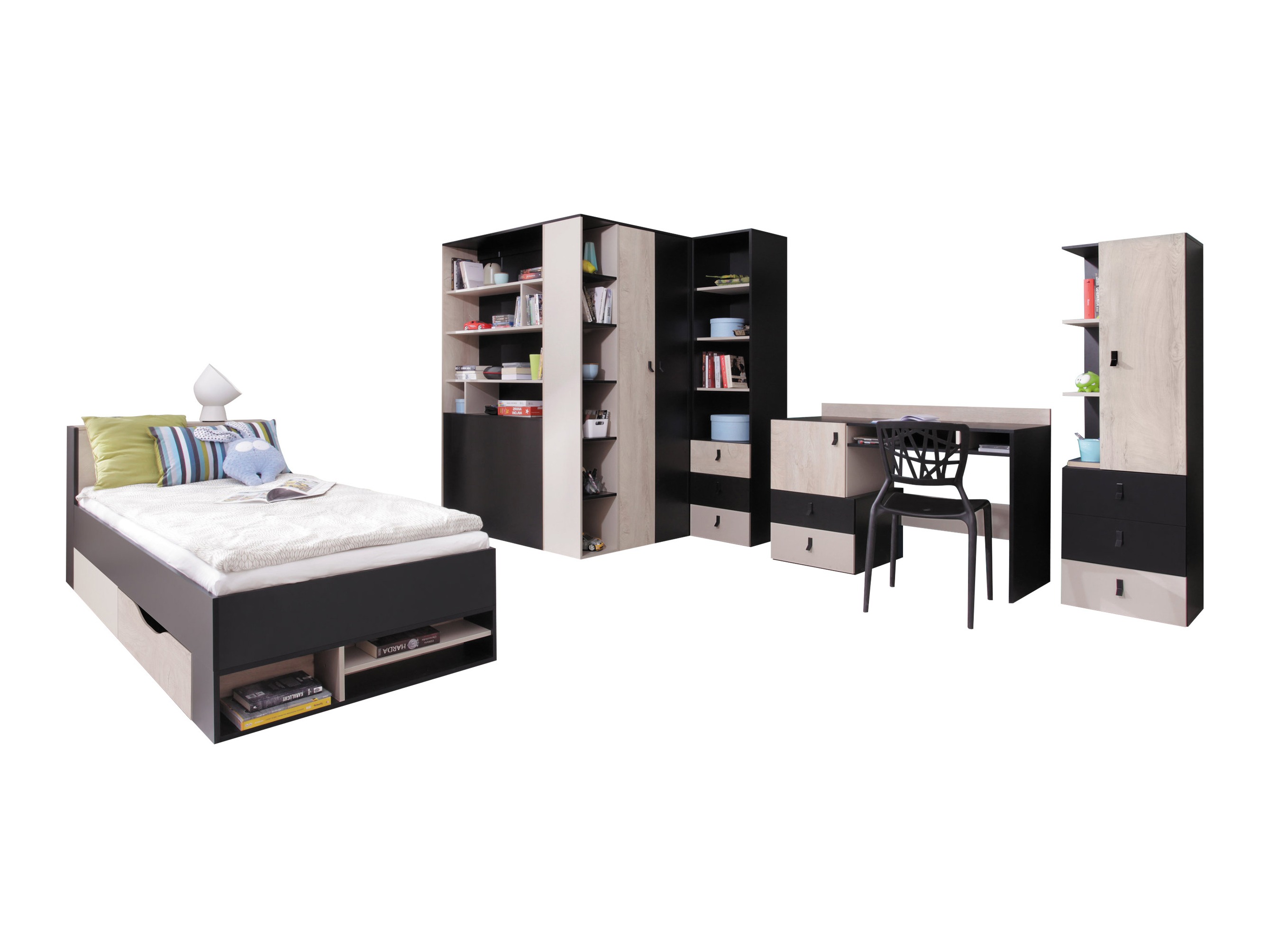 Kinderzimmer-Set Camteso 115 (Schwarz + Eichenholzoptik + Beige)
