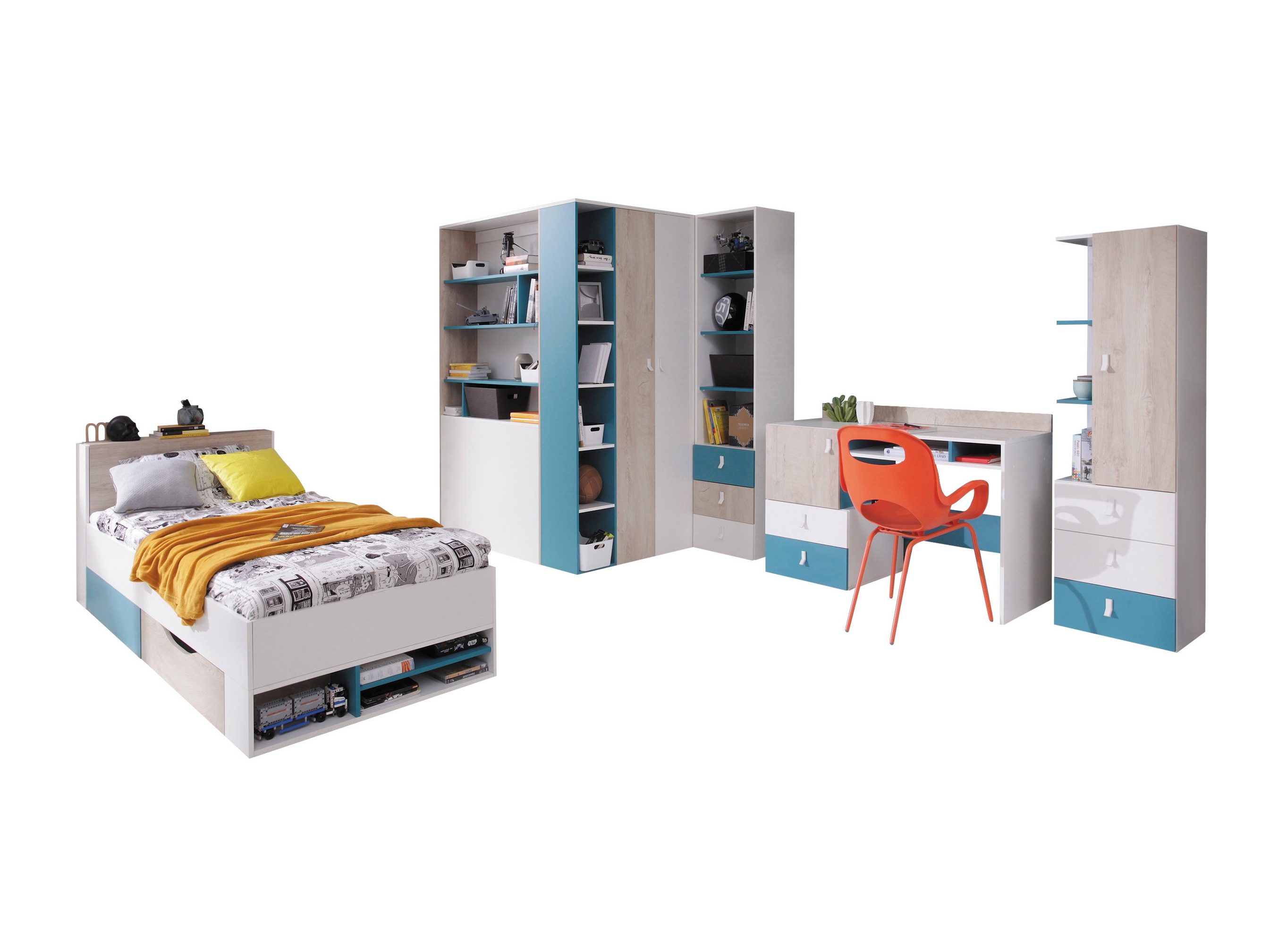 Kinderzimmer-Set Camteso 115 (Weiss + Eiche + Türkis)