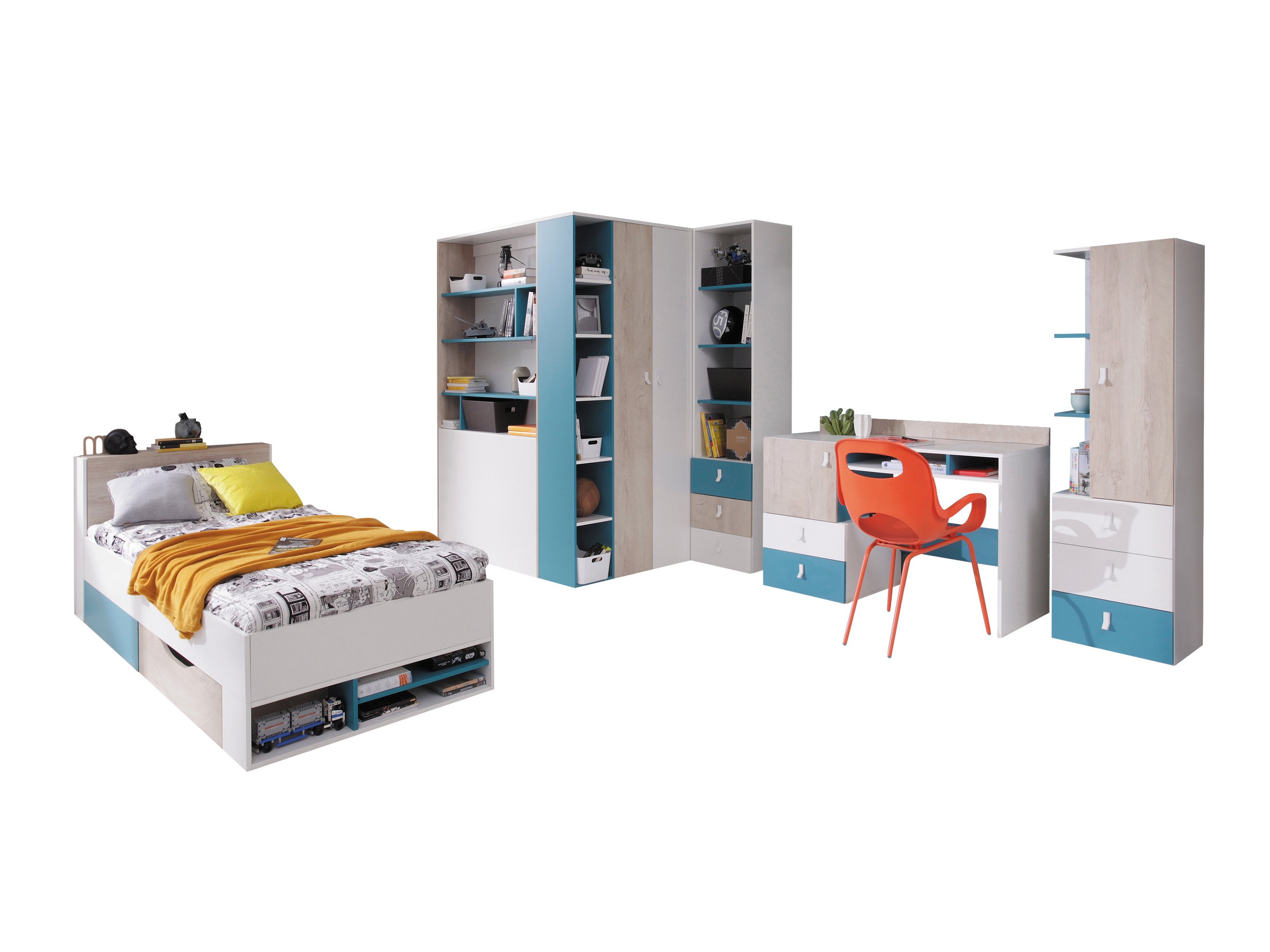 Kinderzimmer-Set Camteso 115 (Weiss + Eichenholzoptik + Türkis)