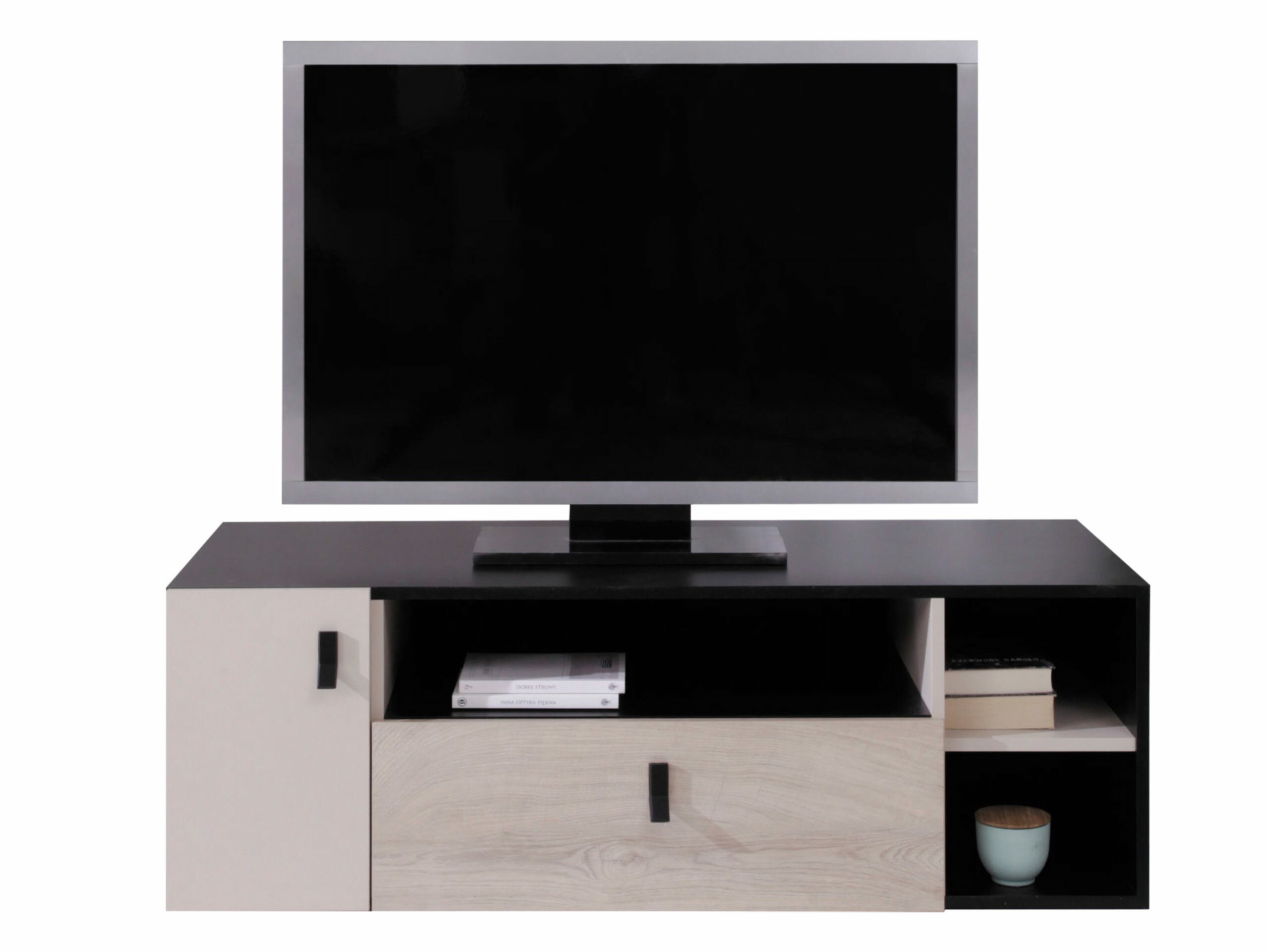 TV-Möbel Camteso 108 (Schwarz + Eichenholzoptik + Beige)