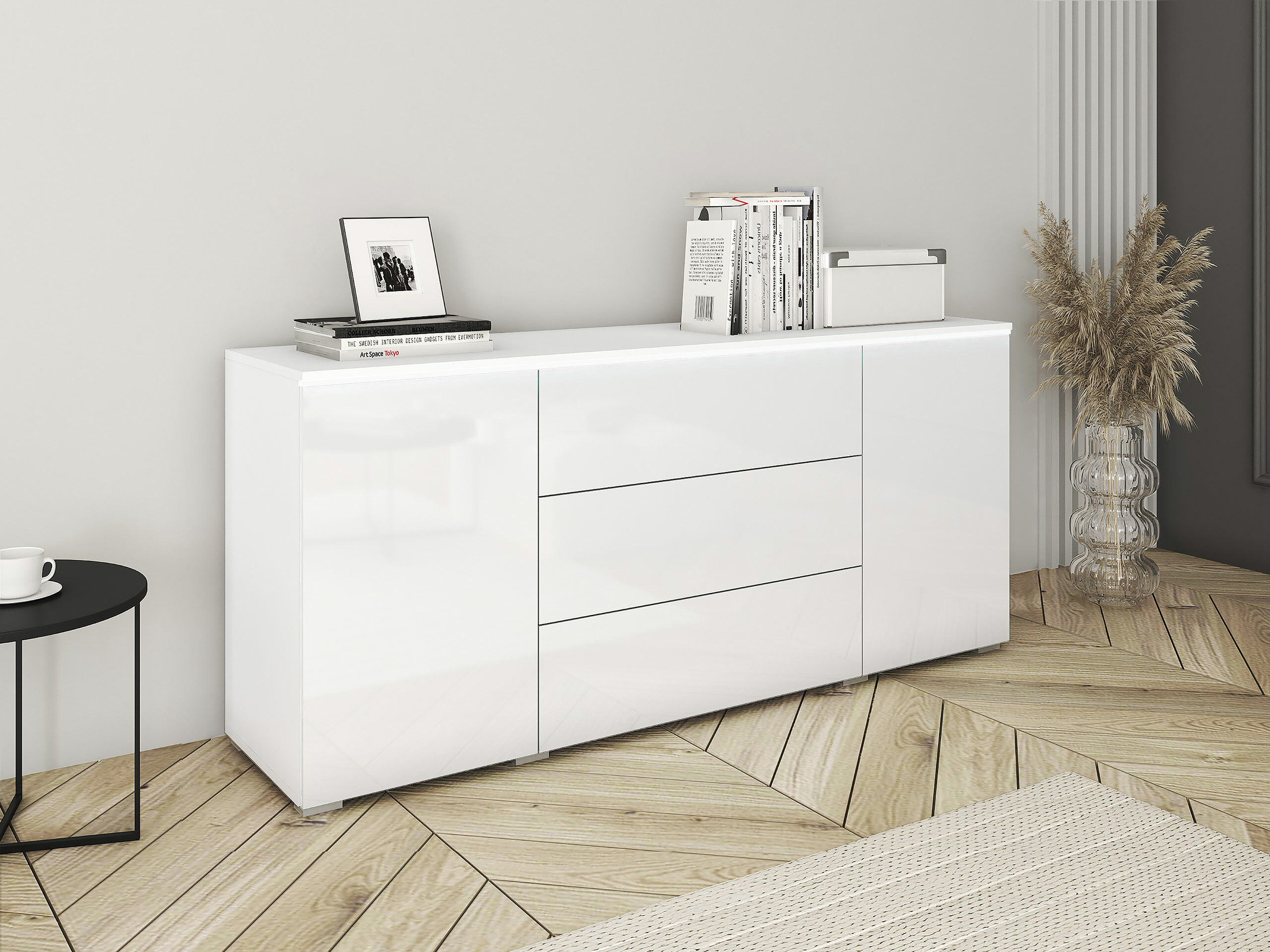 Kommode Mirfivo 102 (Weiss + Weiss glänzend)