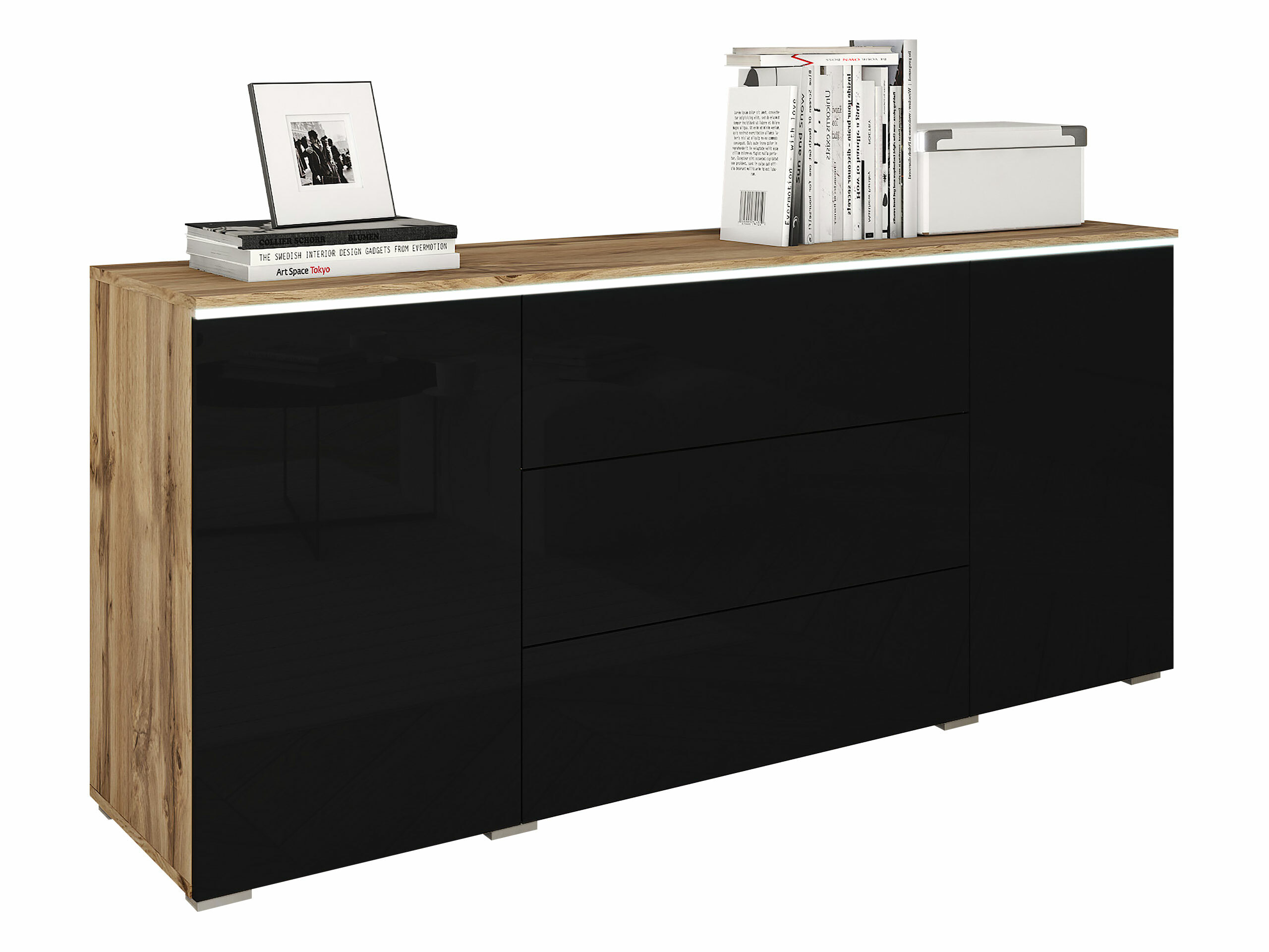 Kommode Mirfivo 102 (Wotan Eiche + Schwarz glänzend)