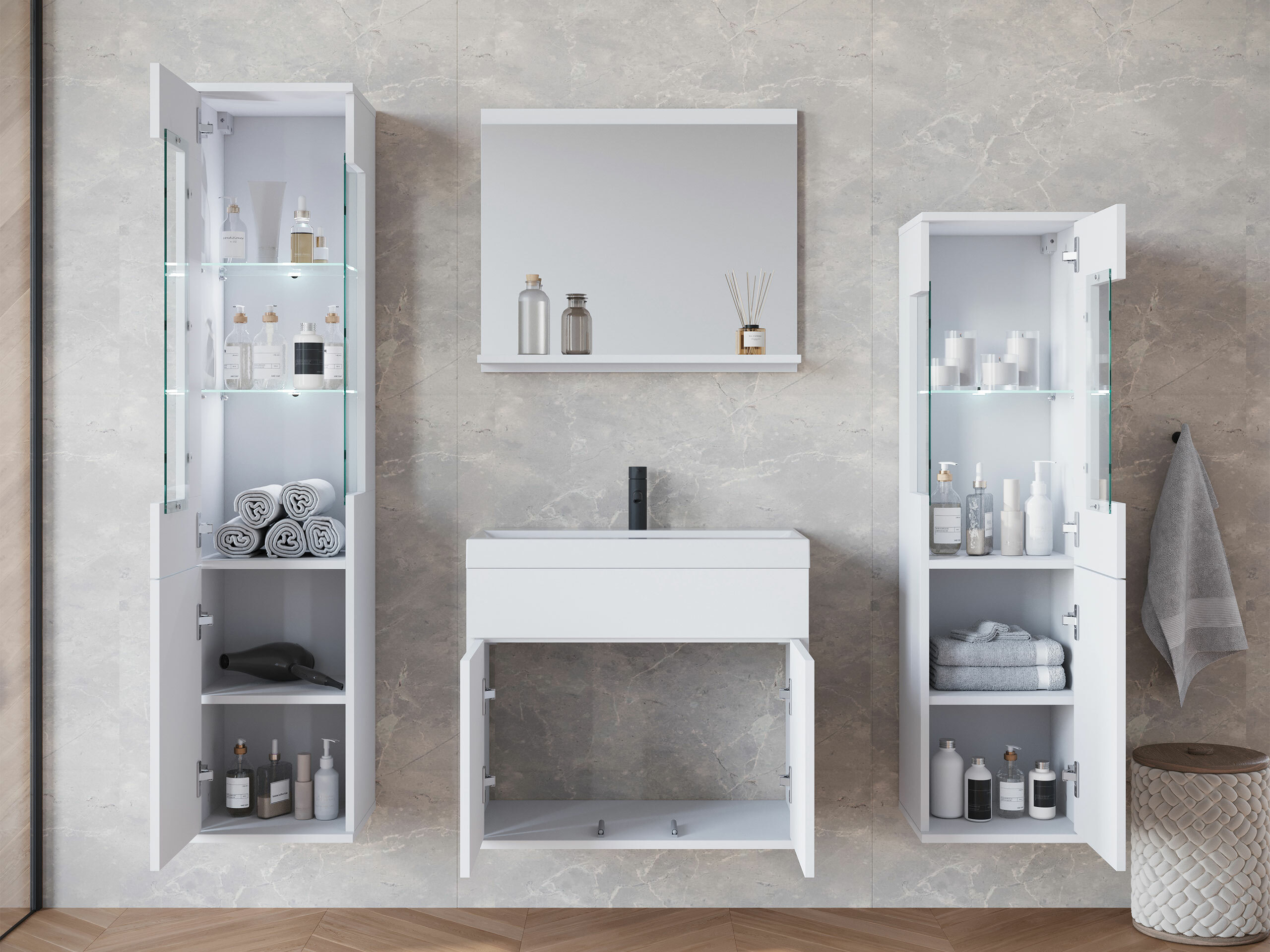 Badezimmer-Set Sarasota 194 (Weiss + Weiss glänzend)