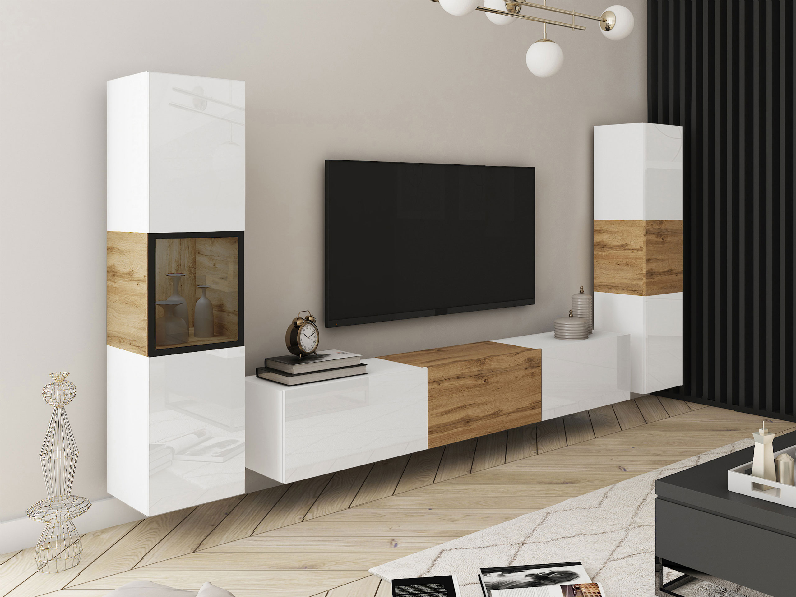 Wohnzimmer-Set Sarasota 193 (Weiss + Wotan-Eiche)