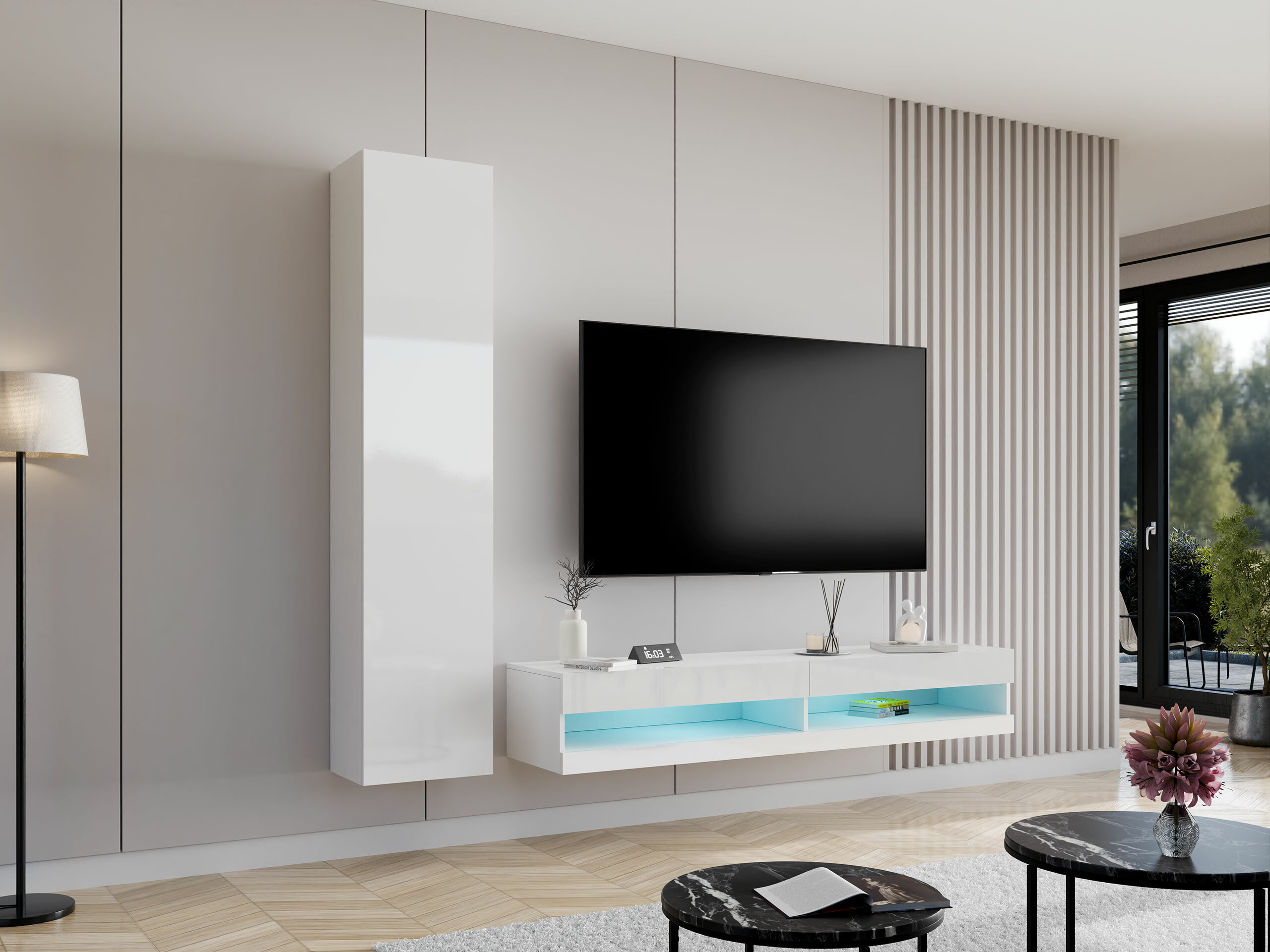 Wohnzimmer-Set Vilrin VI (Weiss + Weiss glänzend)