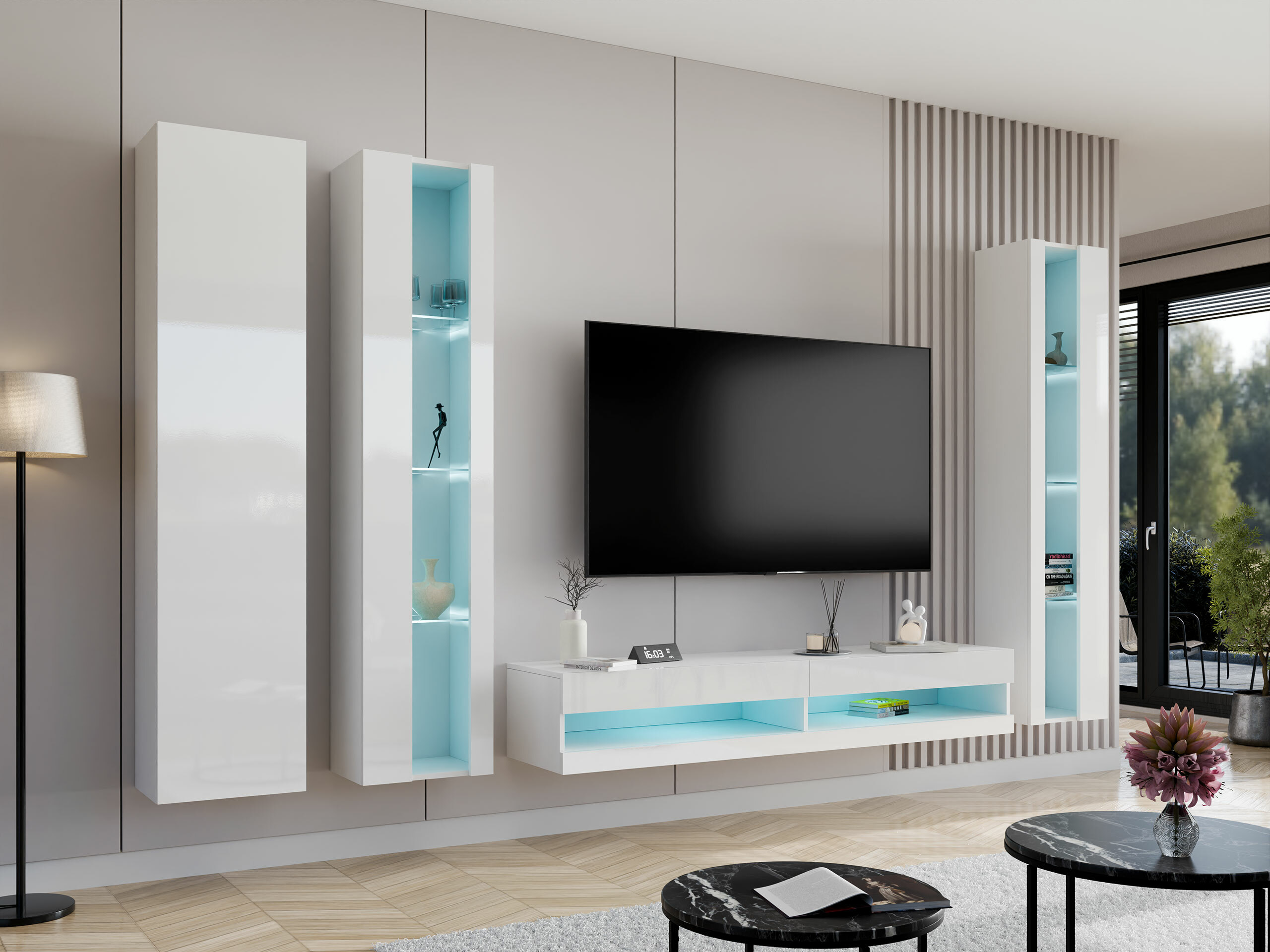 Wohnzimmer-Set Vilrin VII (Weiss + Weiss glänzend)