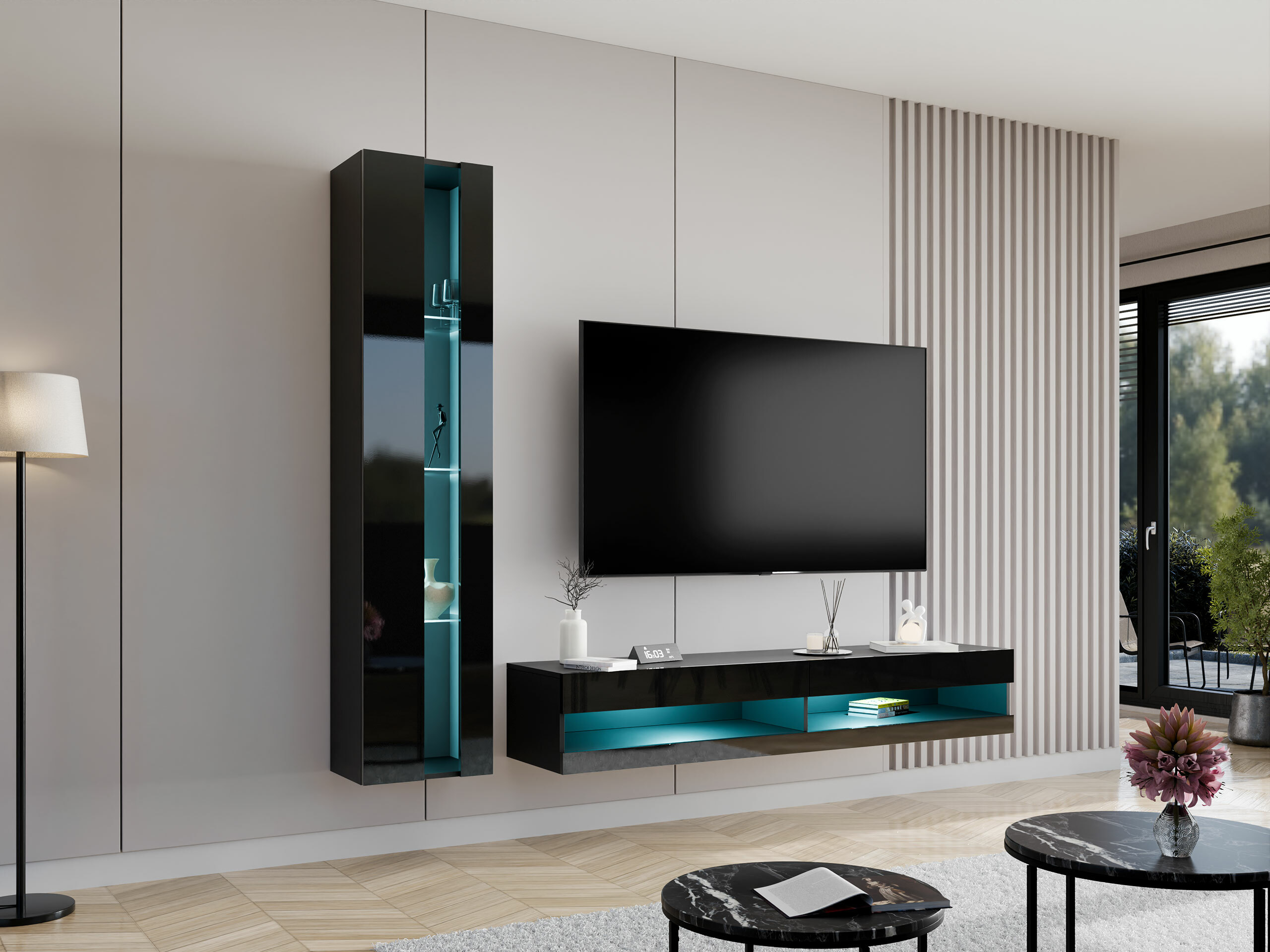 Wohnzimmer-Sets Venenou 118 (Schwarz + Schwarz glänzend)