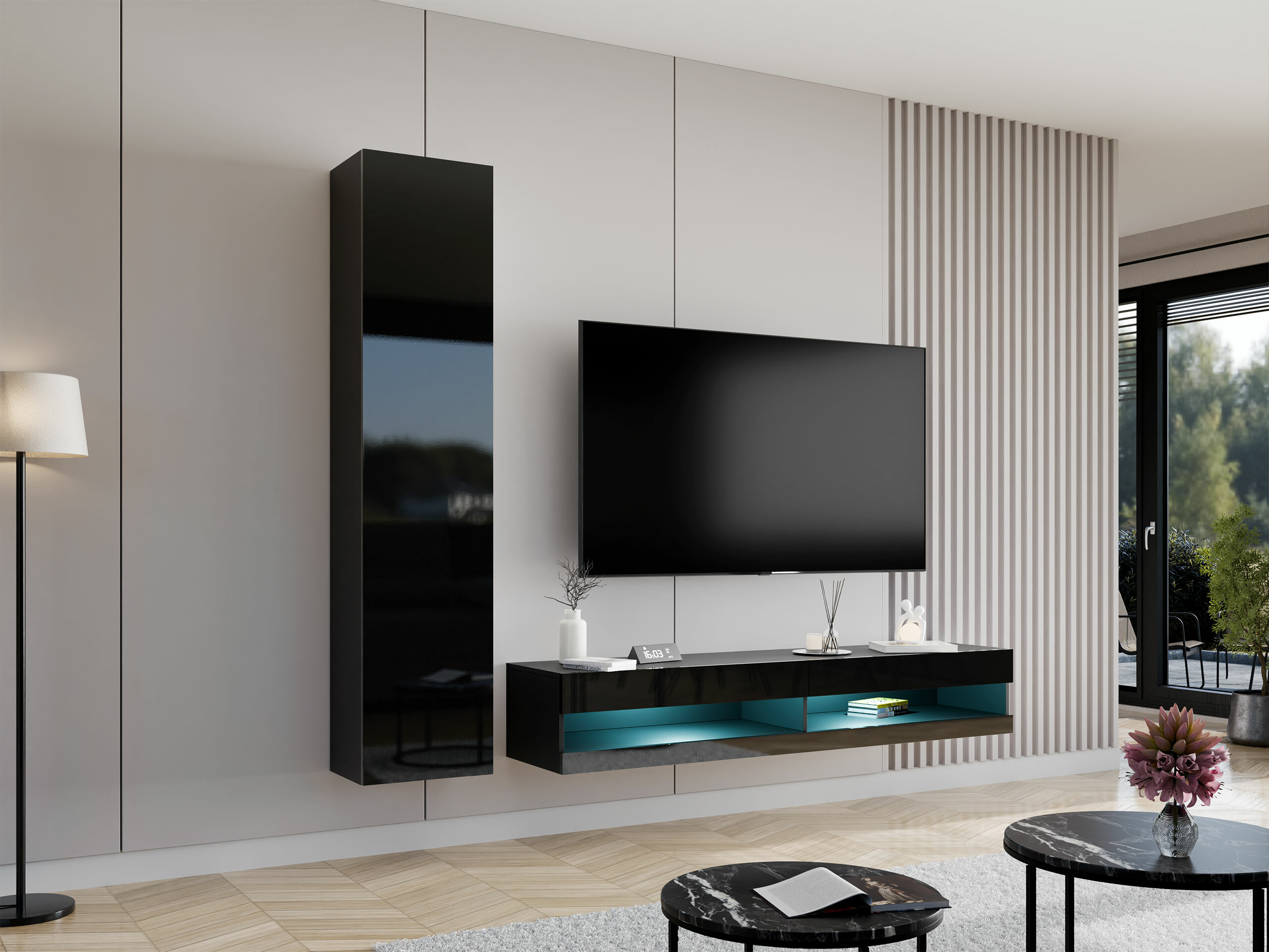 Wohnzimmer-Sets Vilrin VI (Schwarz + Schwarz glänzend)