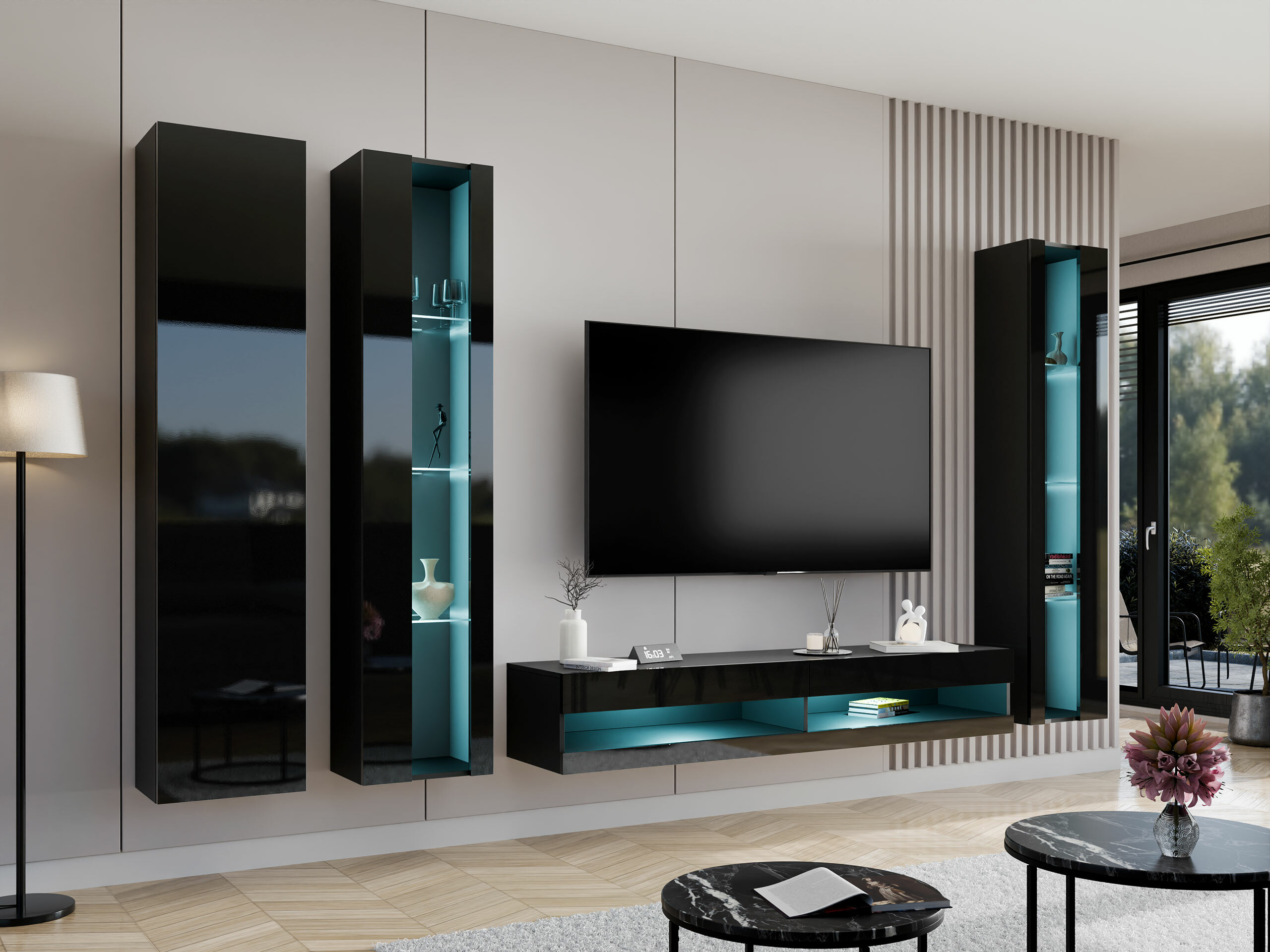 Wohnzimmer-Sets Vilrin VII (Schwarz + Schwarz glänzend)
