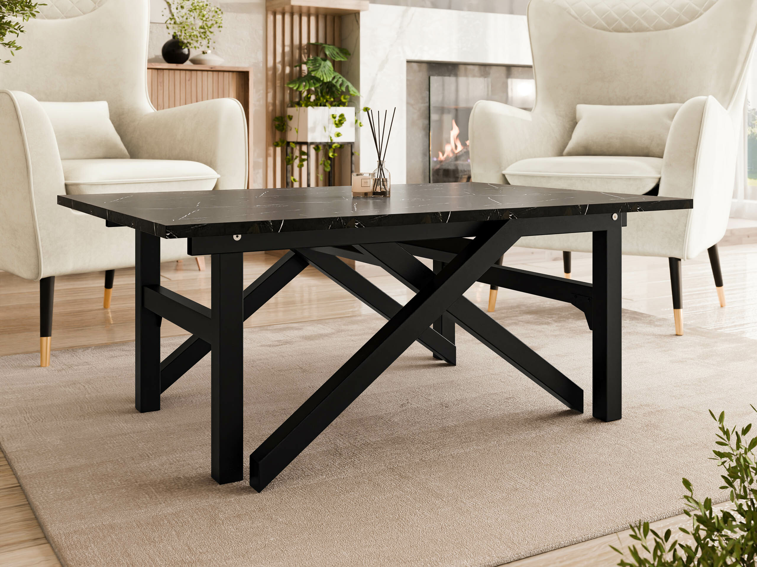 Couchtisch-Transformer Oswego 151 (Schwarzer Marmor + Schwarz)