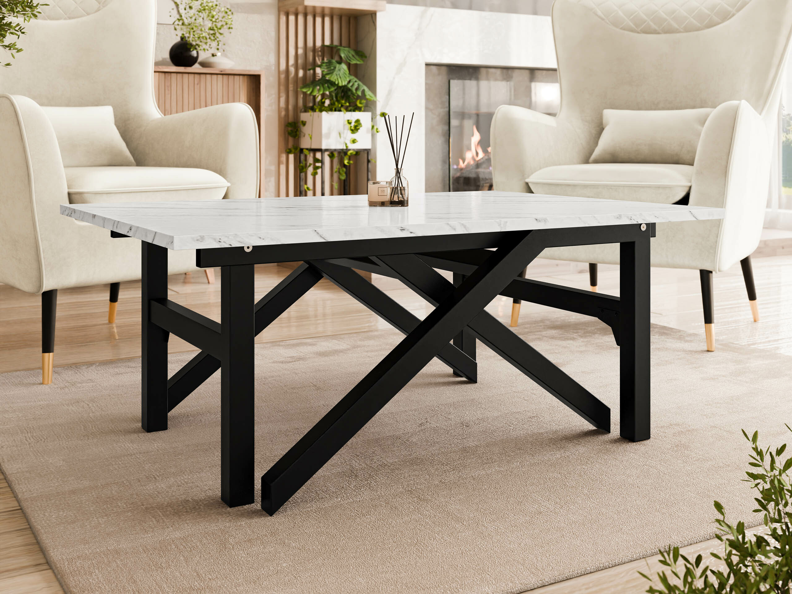Couchtisch-Transformer Oswego 151 (Weisser Marmor + Schwarz)
