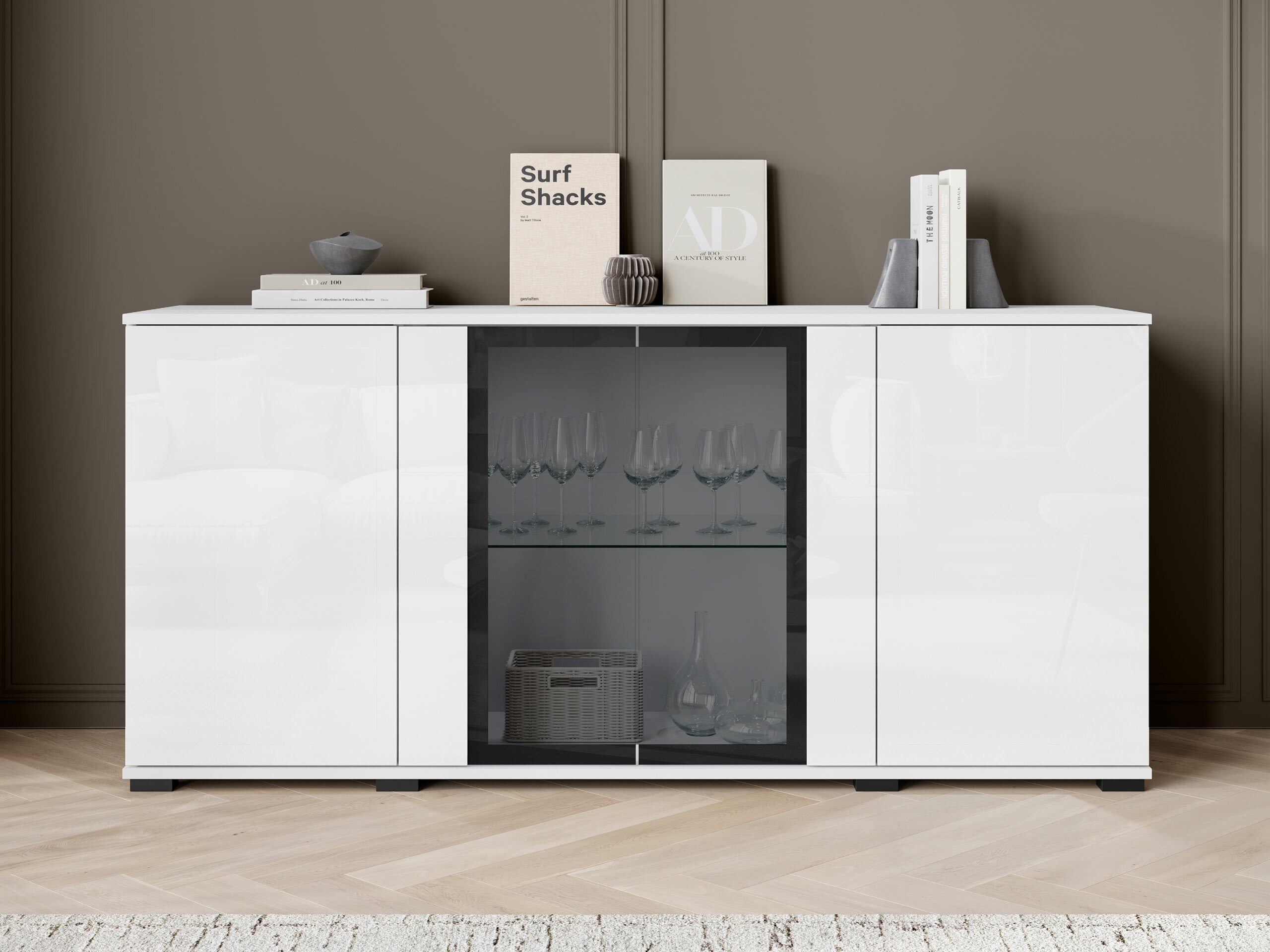 Sideboard Torcame 102 (Weiss + Weiss glänzend)