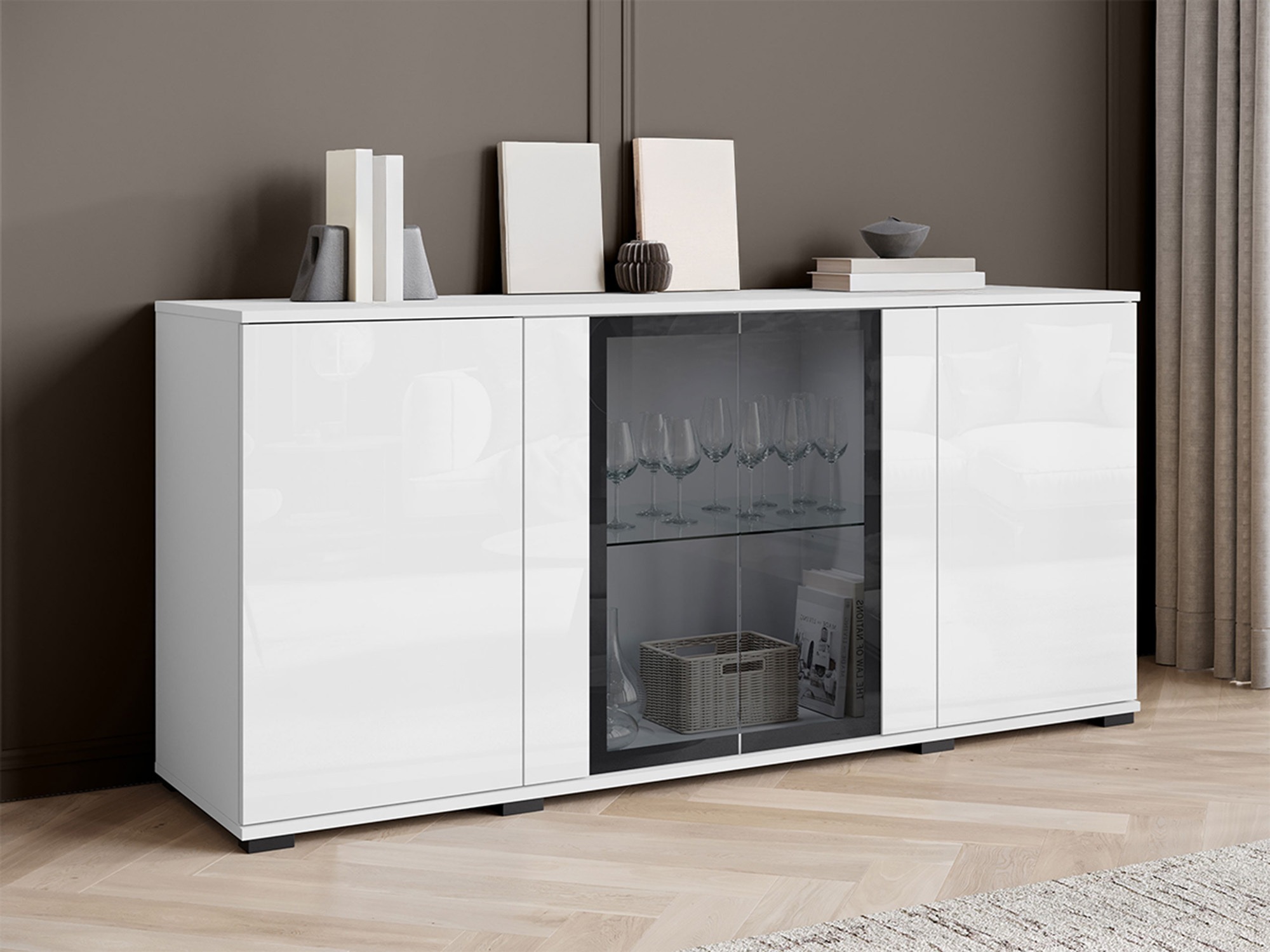 Sideboard Torcame 102 (Weiss + Weiss glänzend)