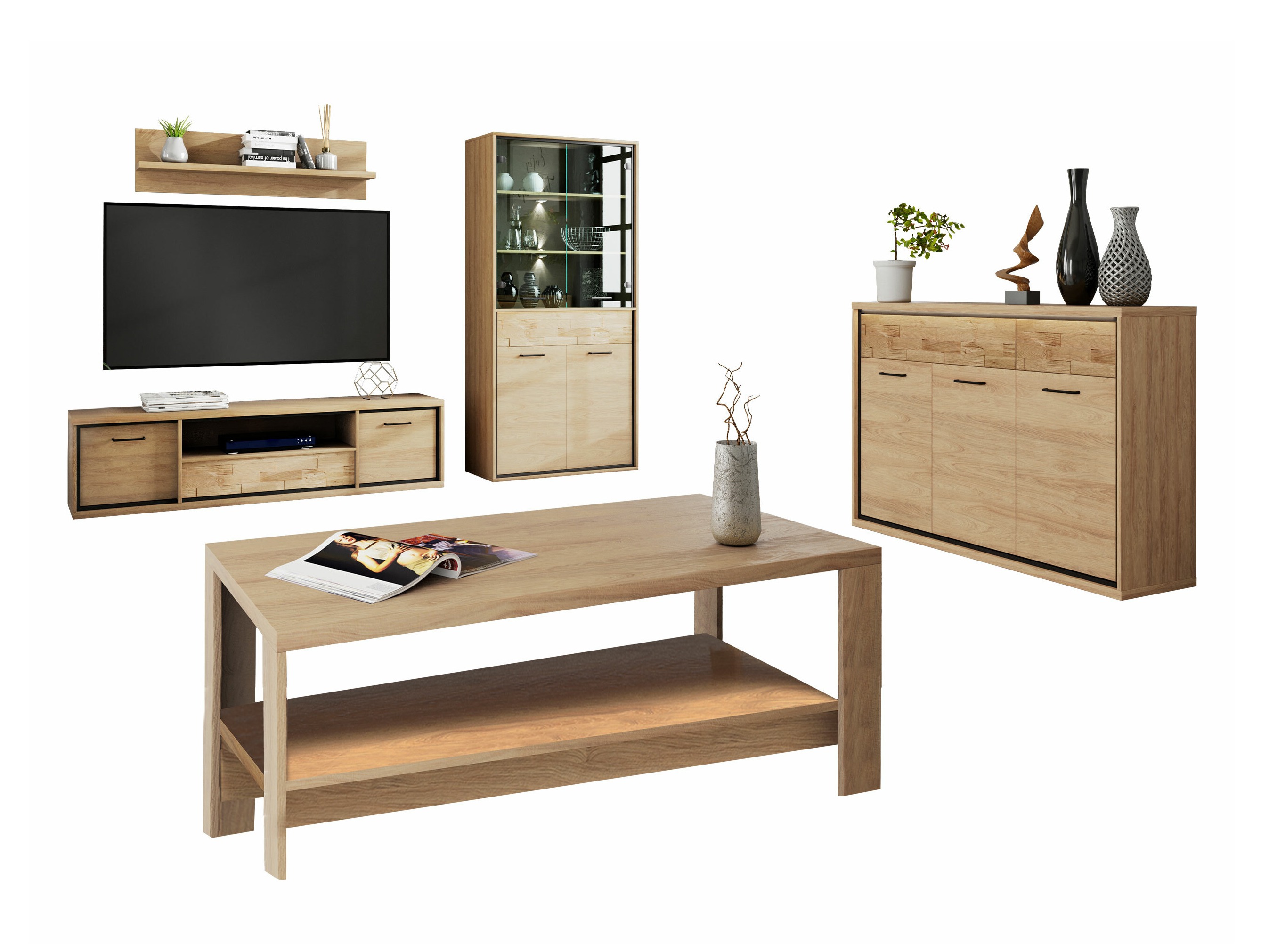 Wohnzimmer-Set Etrmoni 118 (Helles Holz + Eiche)