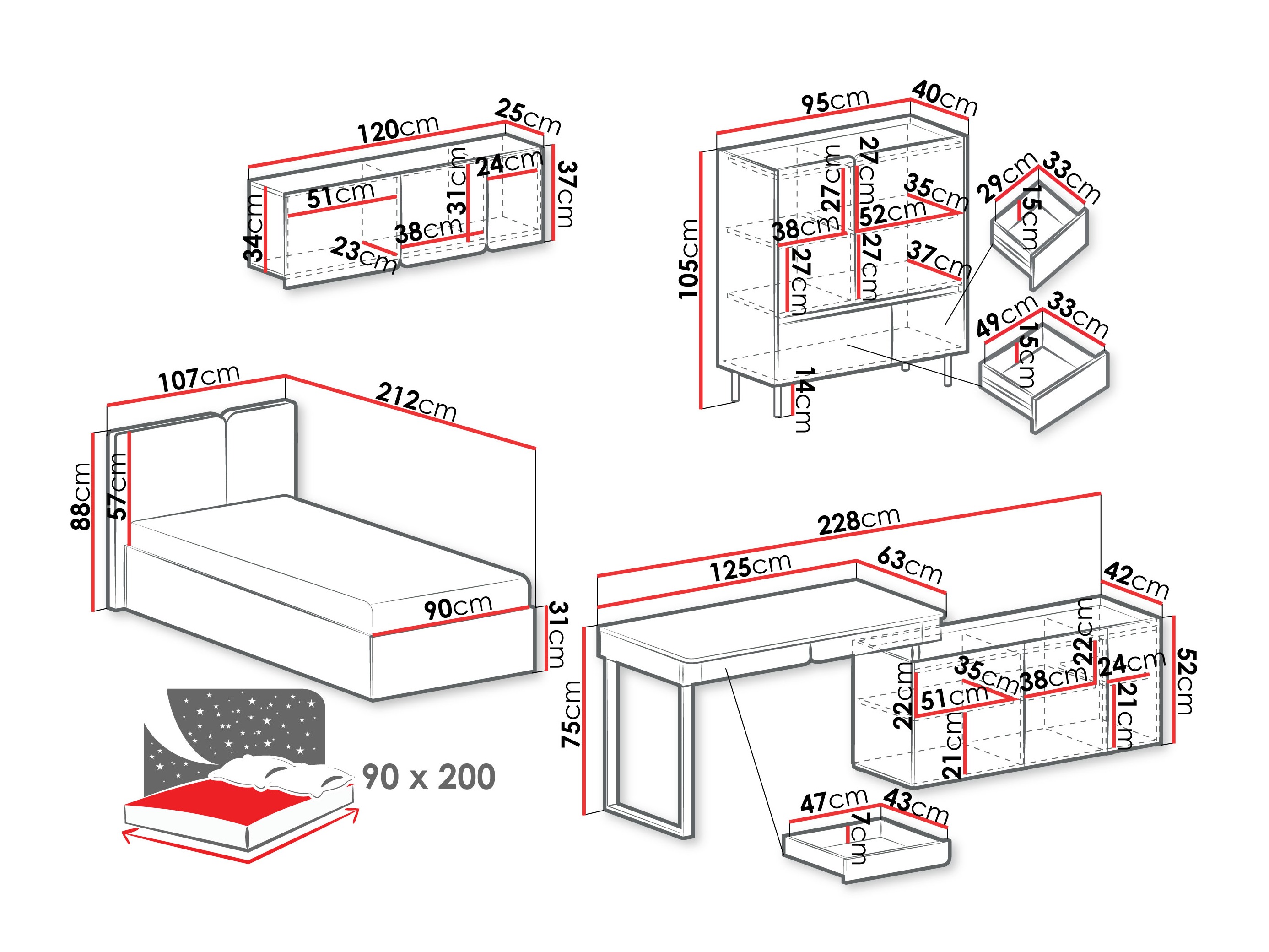 Möbel-Set Fiosono 115 (Beige + Eichenholzoptik)