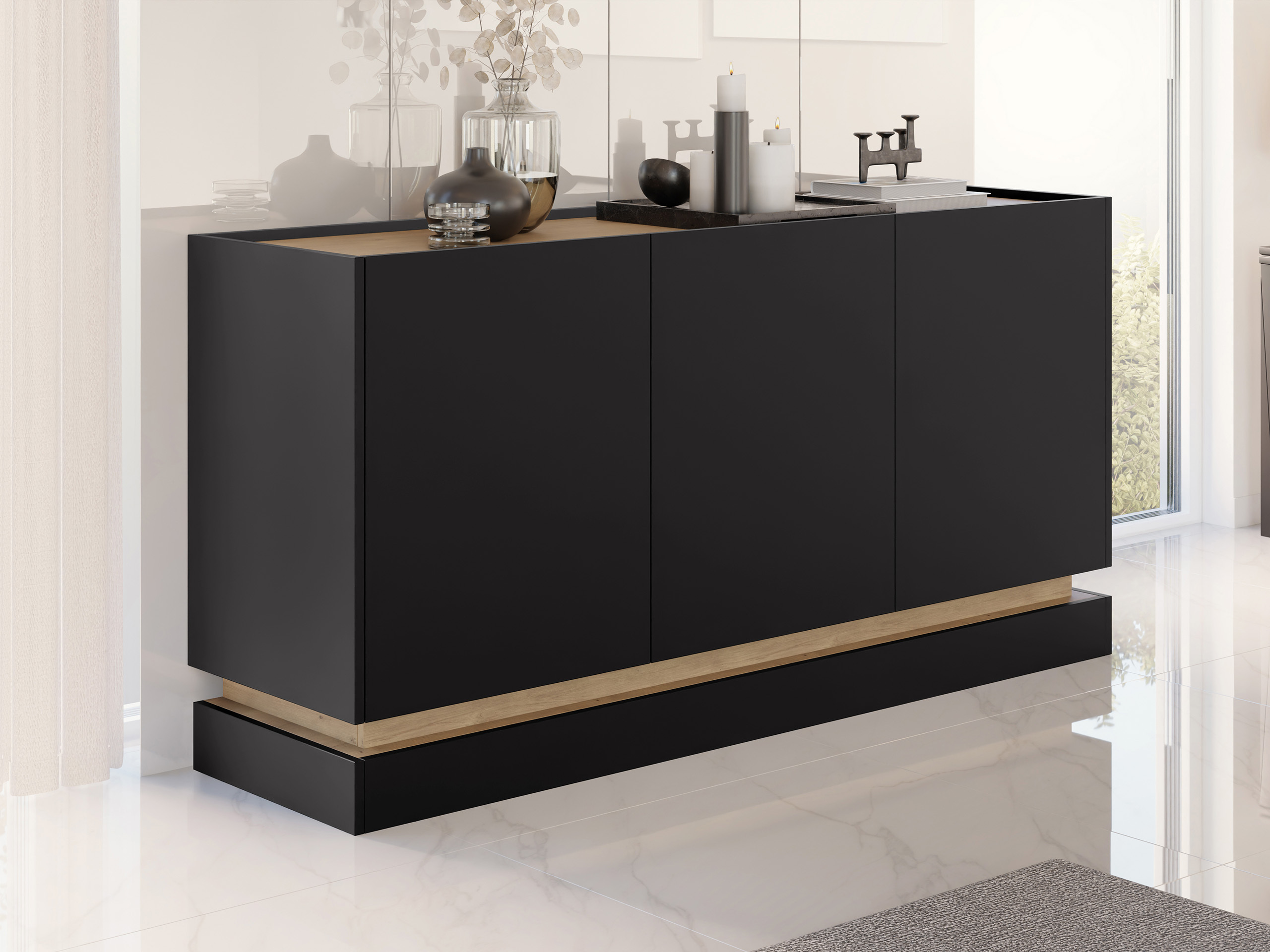 Sideboard Comfivo Tilia I (Schwarz + Eichenholzoptik)