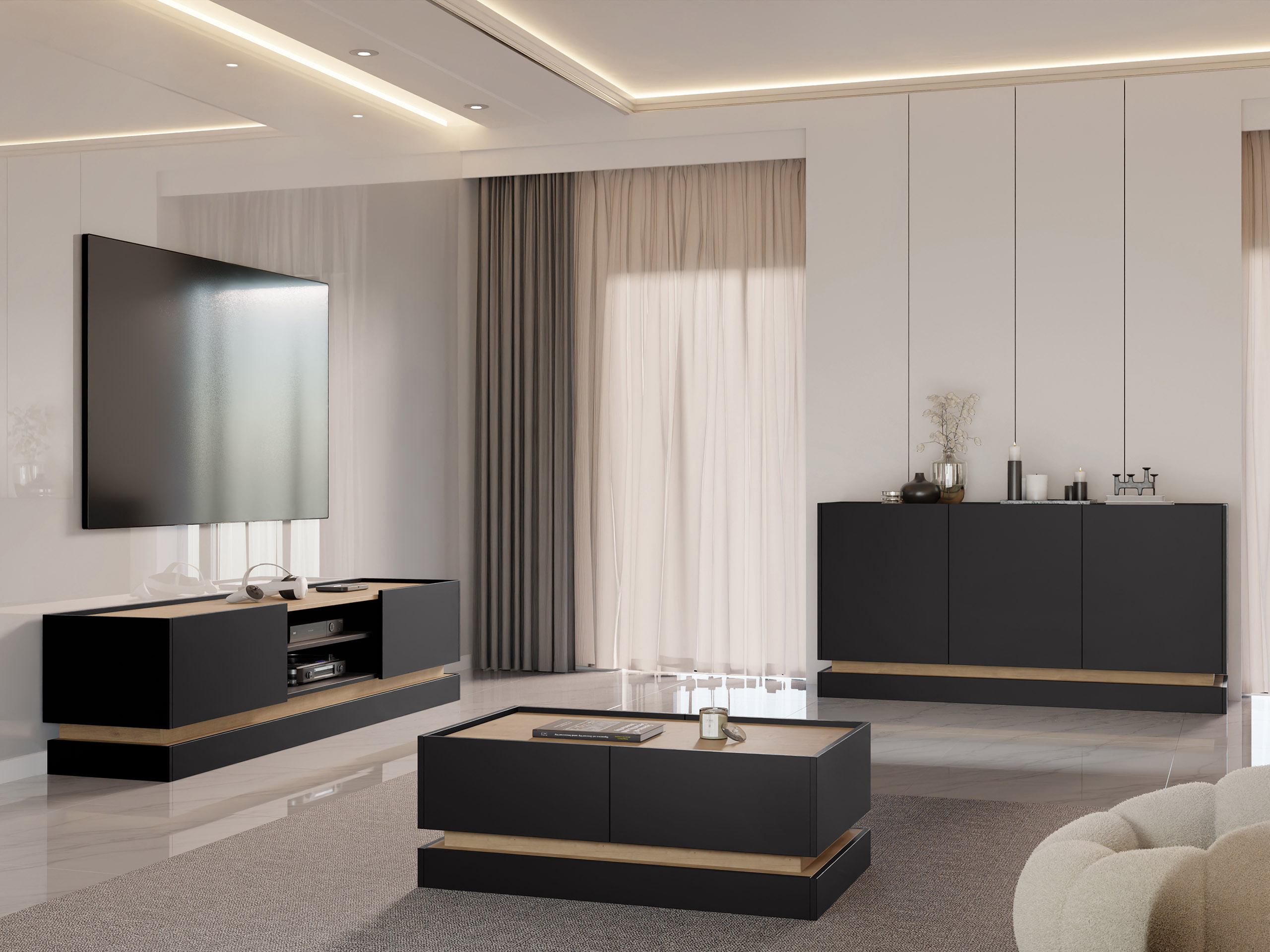 Wohnzimmer-Set Comfivo Tilia (Schwarz + Eiche)