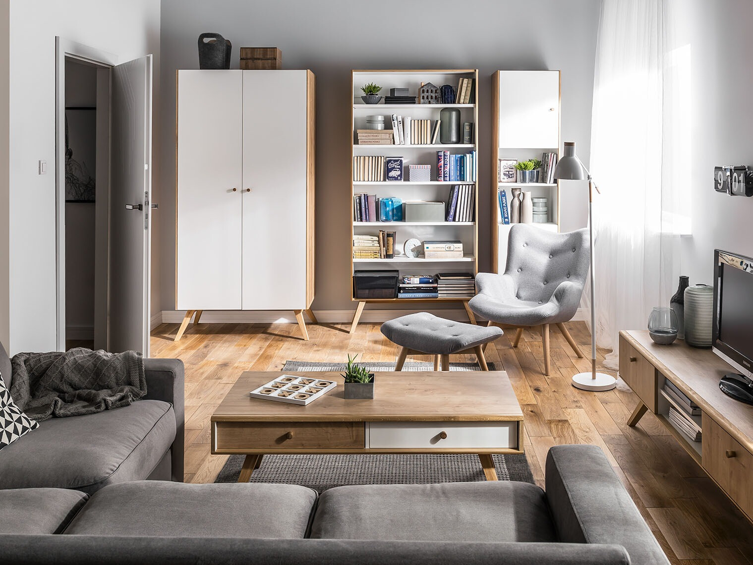 Kleiderschrank Ruvruvi 101 (Weiss + Eichenholzoptik)