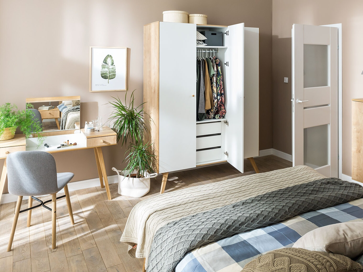 Kleiderschrank Ruvruvi 102 (Weiss + Eichenholzoptik)