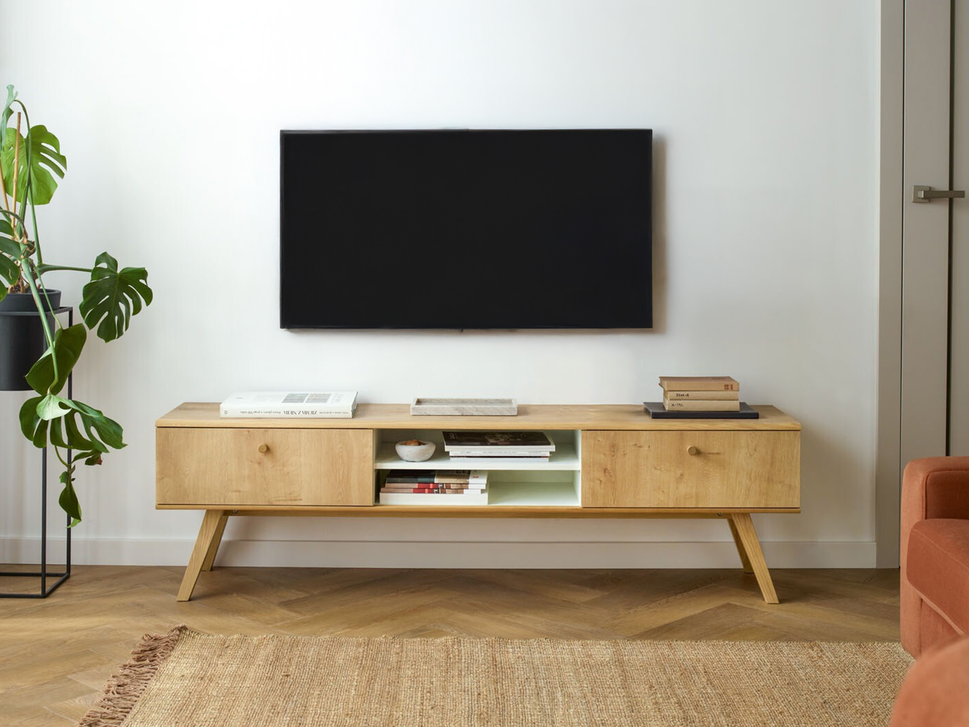 TV-Möbel Ruvruvi 112 (Weiss + Eichenholzoptik)