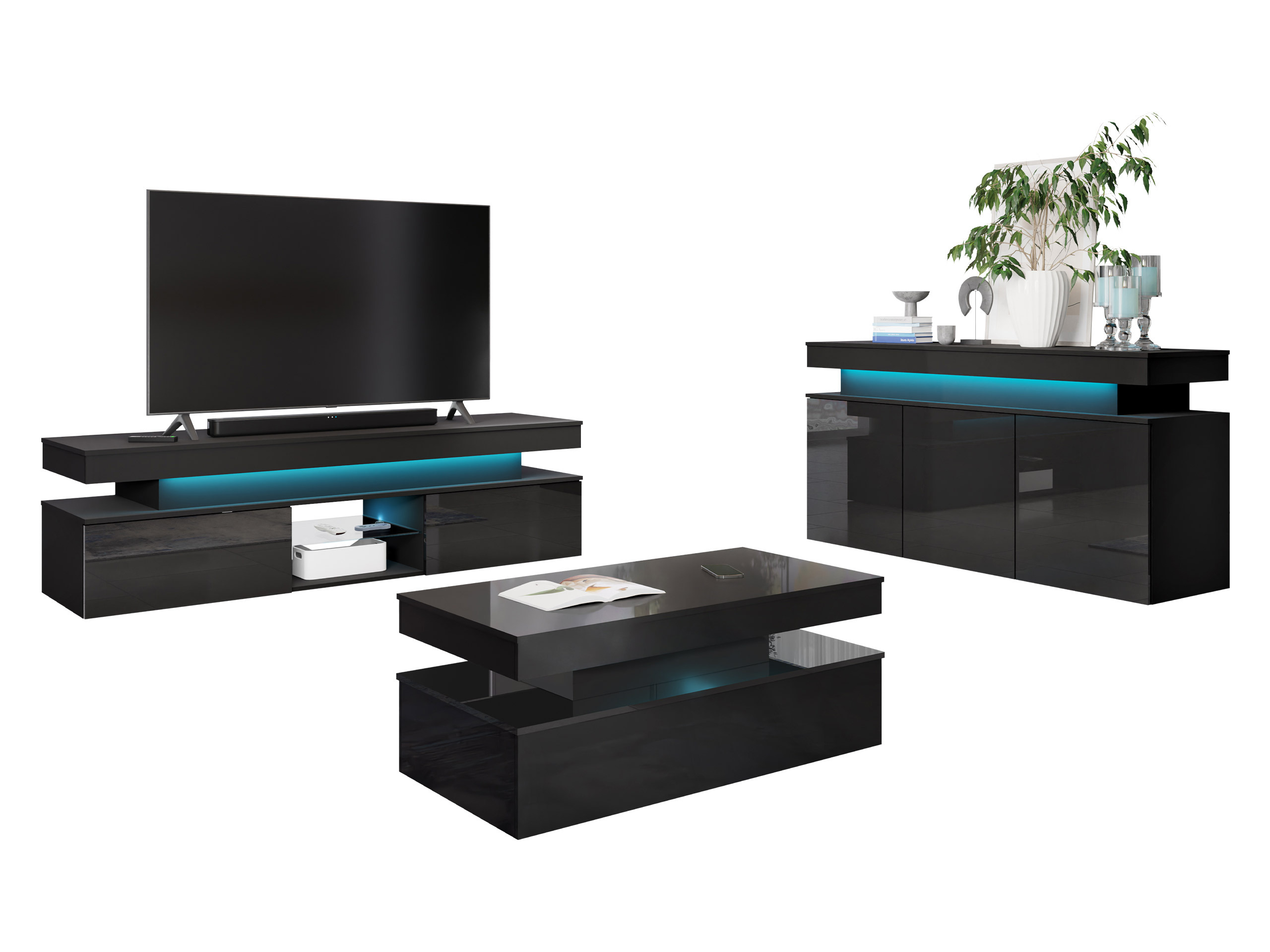 Wohnzimmer-Set Monfero I (Schwarz + Schwarz glänzend)