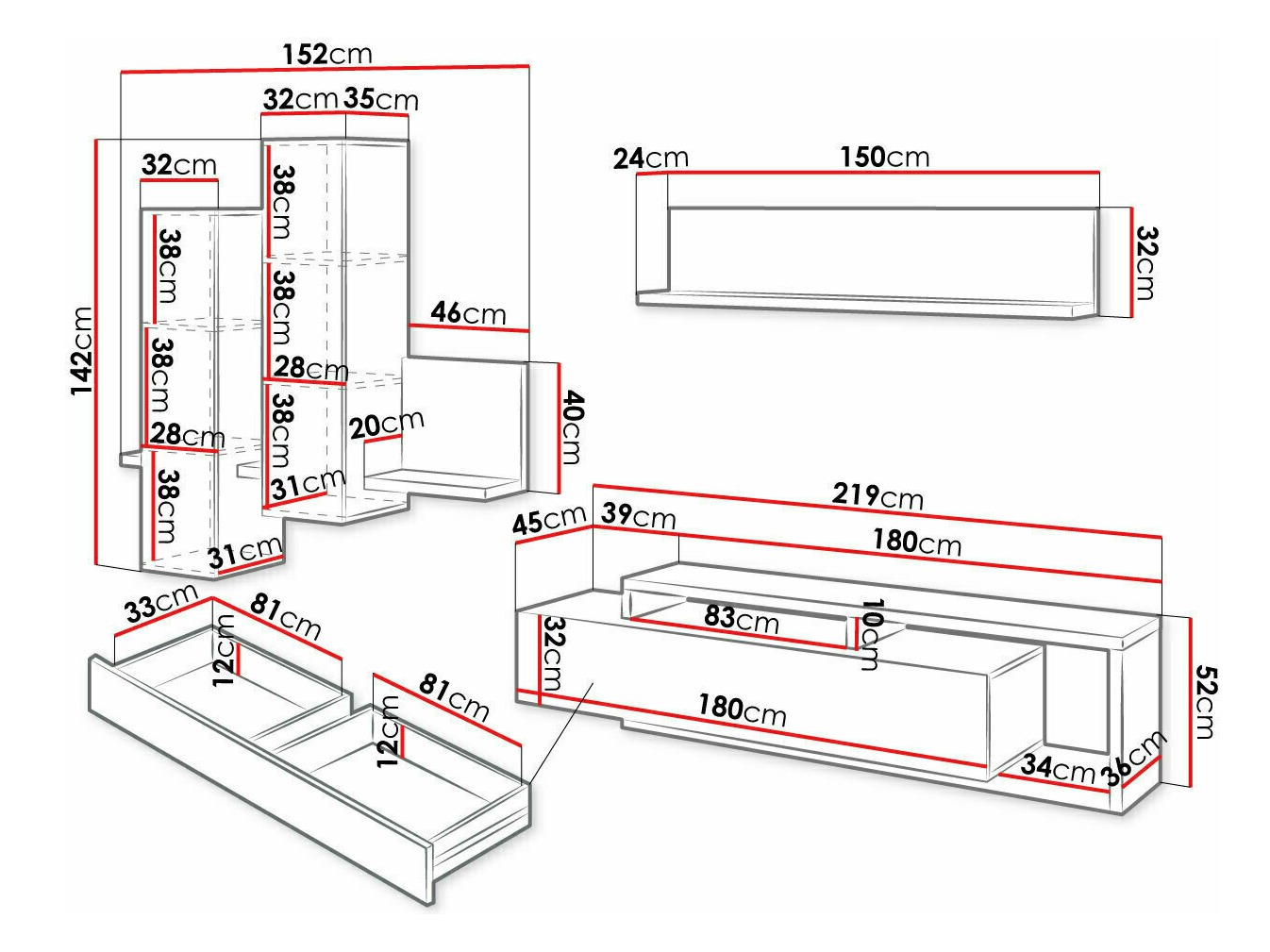 Wohnzimmer-Sets Lutiva 100 (Anthrazit + Ribbec eichenholzoptik)
