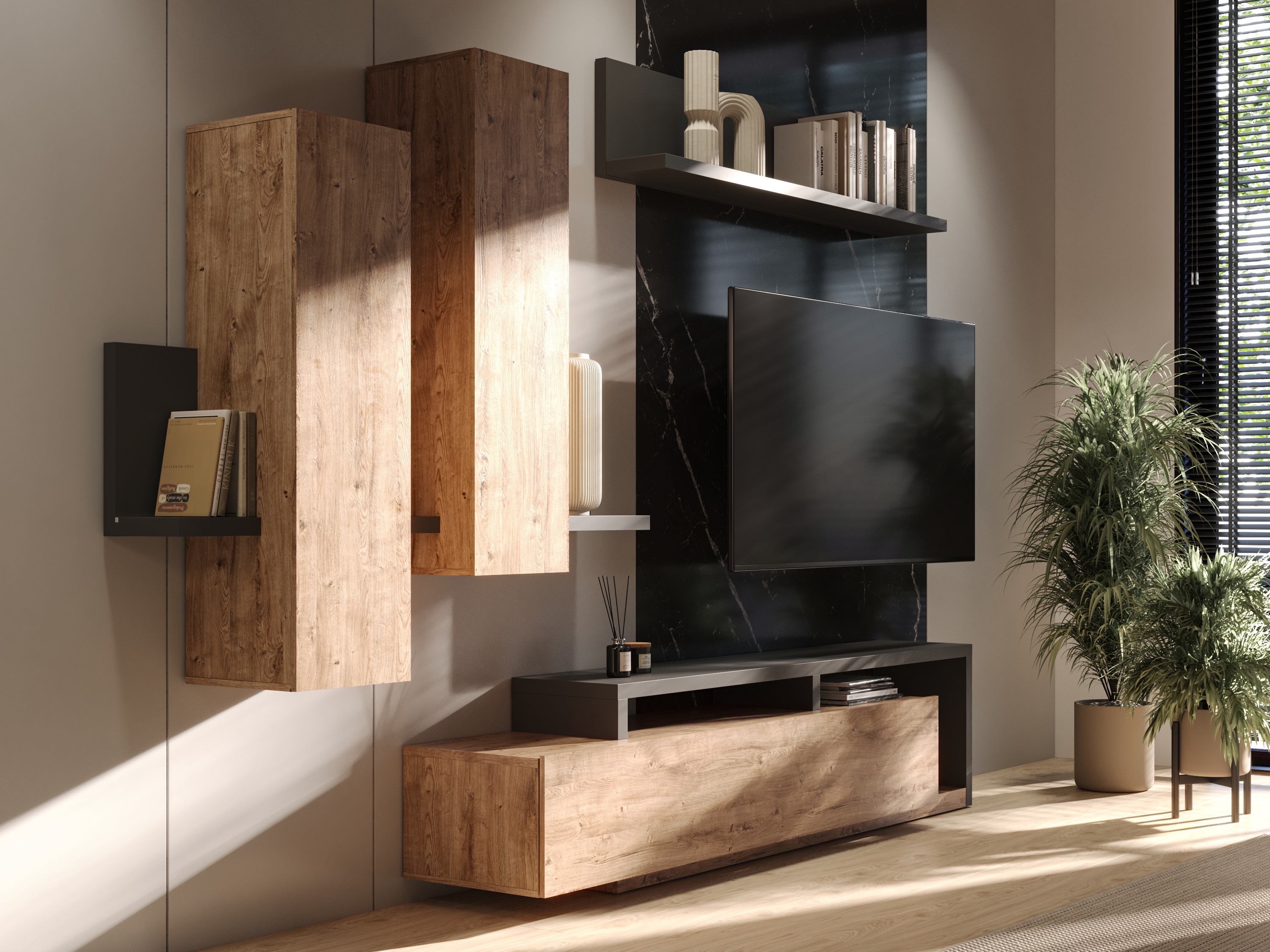 Wohnzimmer-Sets Lutiva 100 (Anthrazit + Ribbec eichenholzoptik)