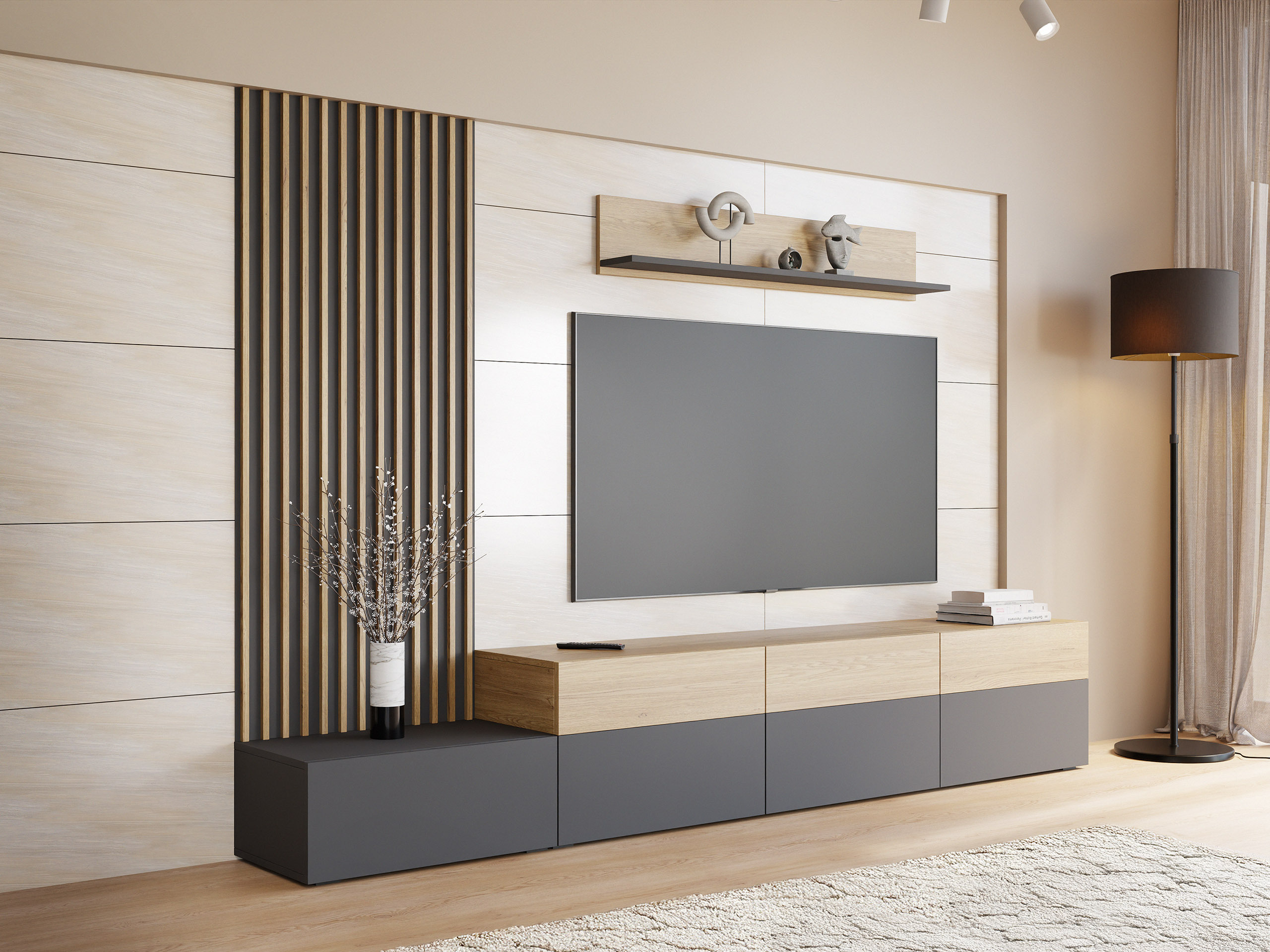 Wohnzimmer-Set Comfivo Munium II (Graphit + Eiche)