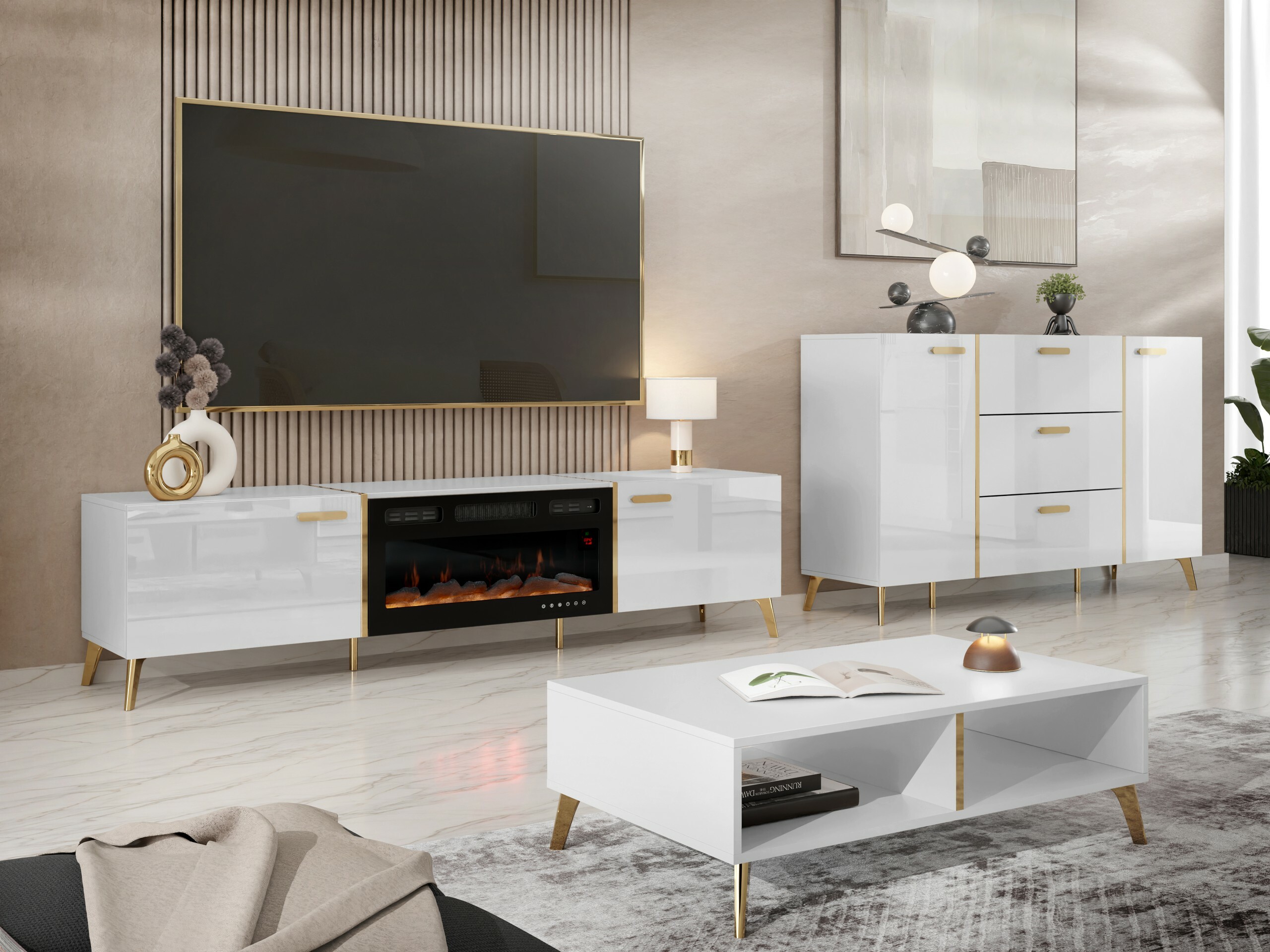 Wohnzimmer-Sets Comfivo Capella (Weiss + Weiss glänzend)