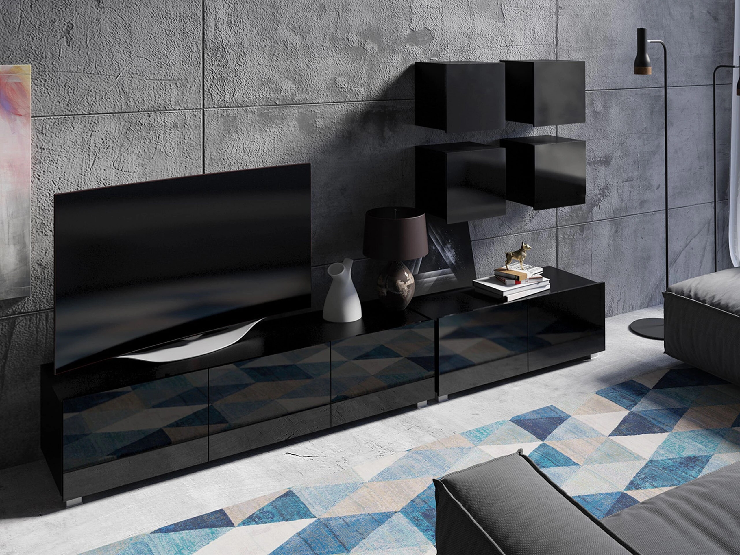 TV-Möbel Remus I (Schwarz + Schwarz glänzend)
