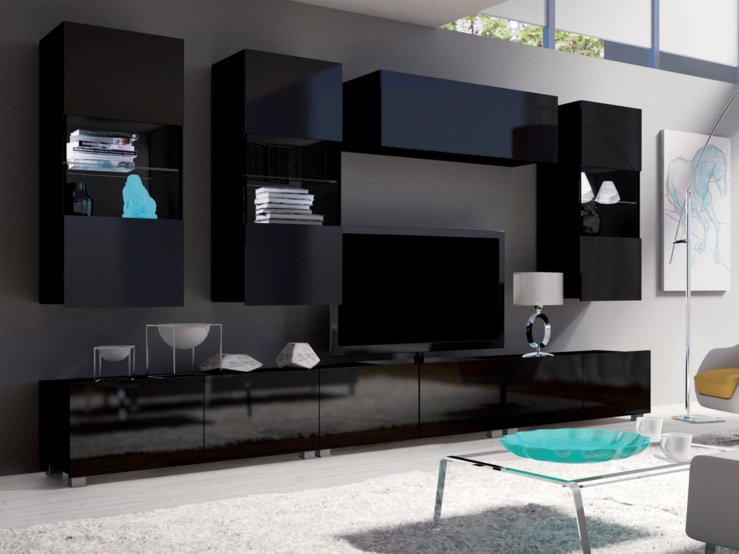 Hängeschrank Remus I (Schwarz + Schwarz glänzend)