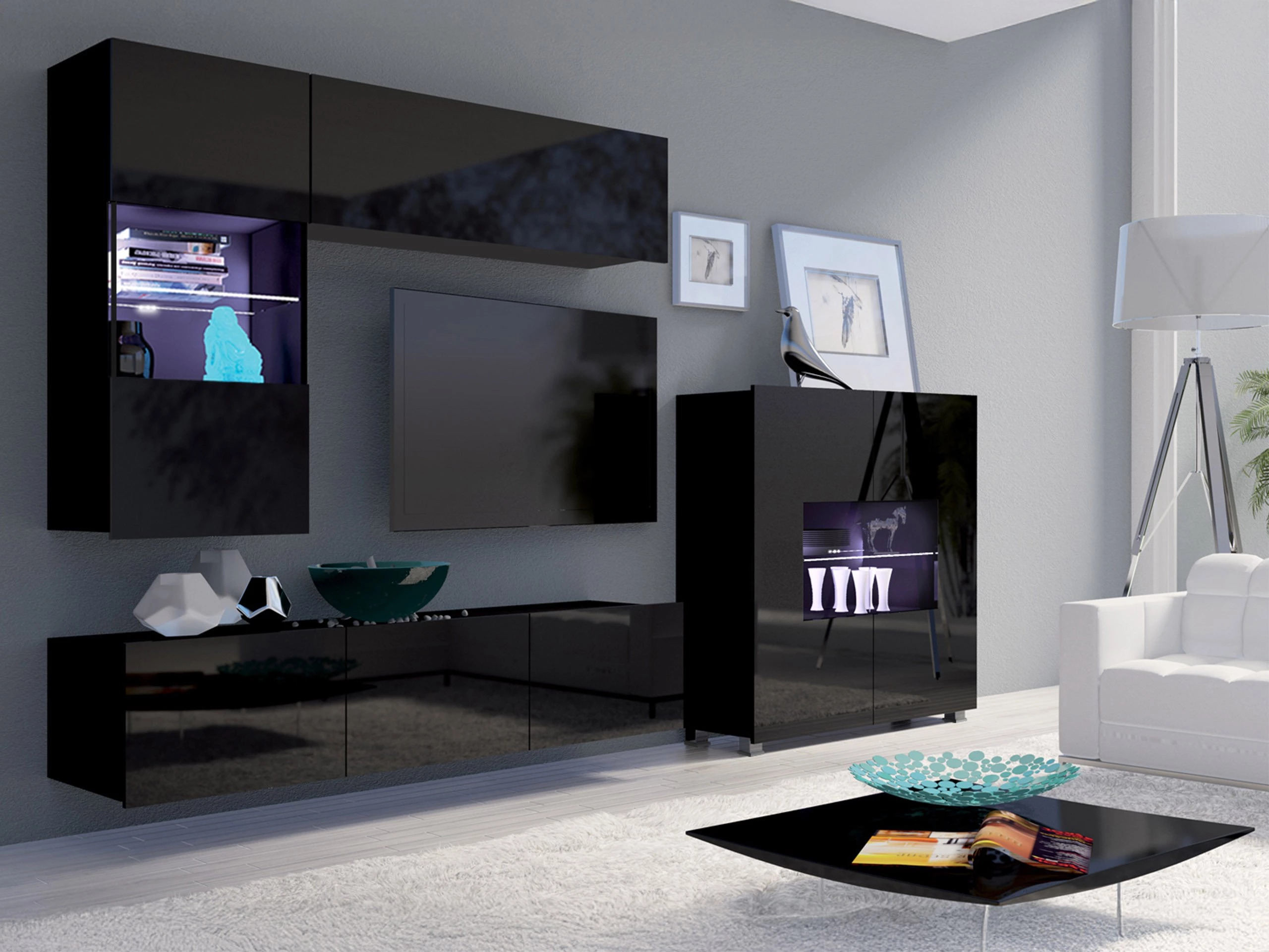 Wohnzimmer-Set Remus III (Schwarz + Schwarz glänzend)
