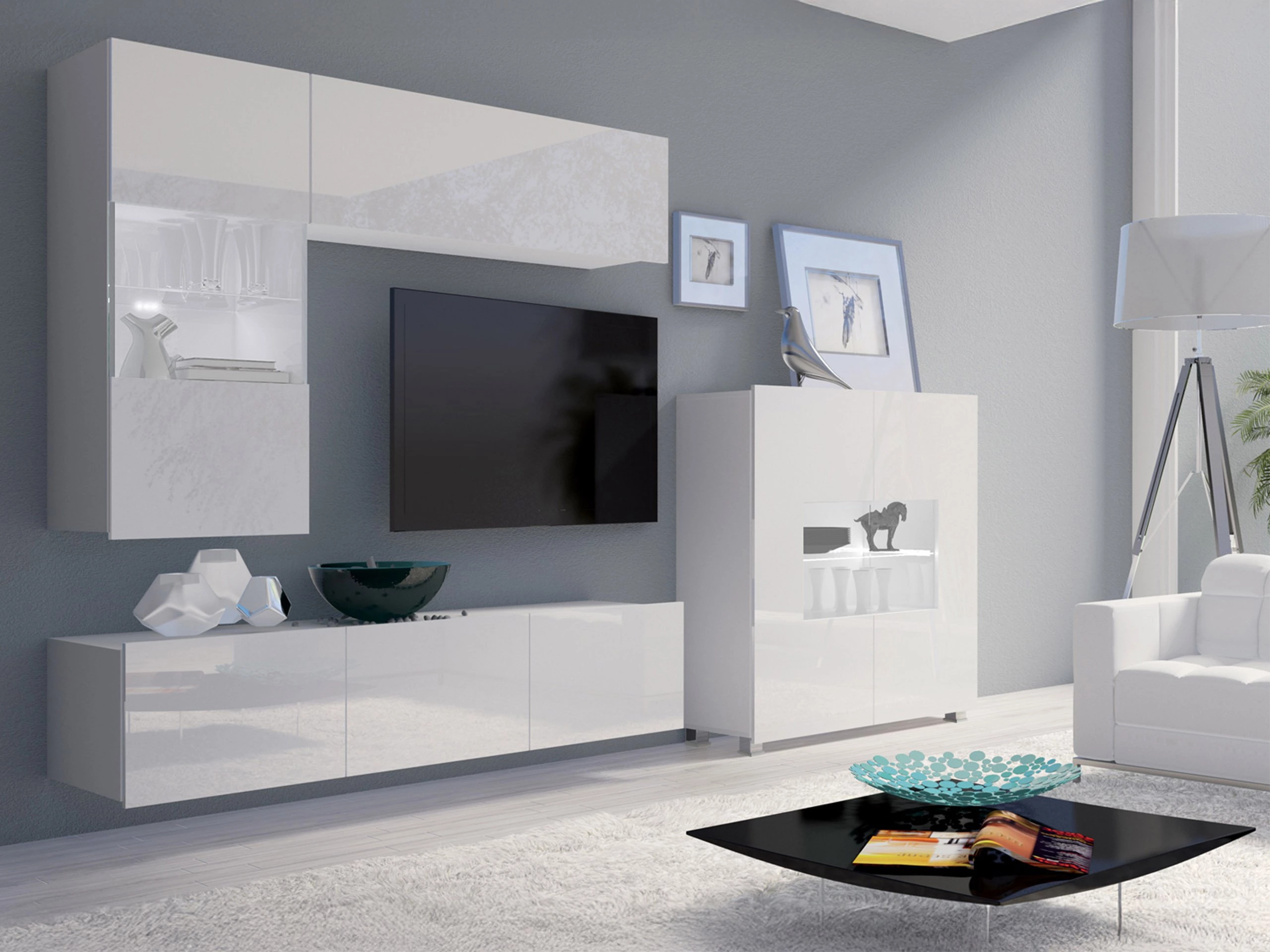 Wohnzimmer-Set Remus III (Weiss + Weiss glänzend)