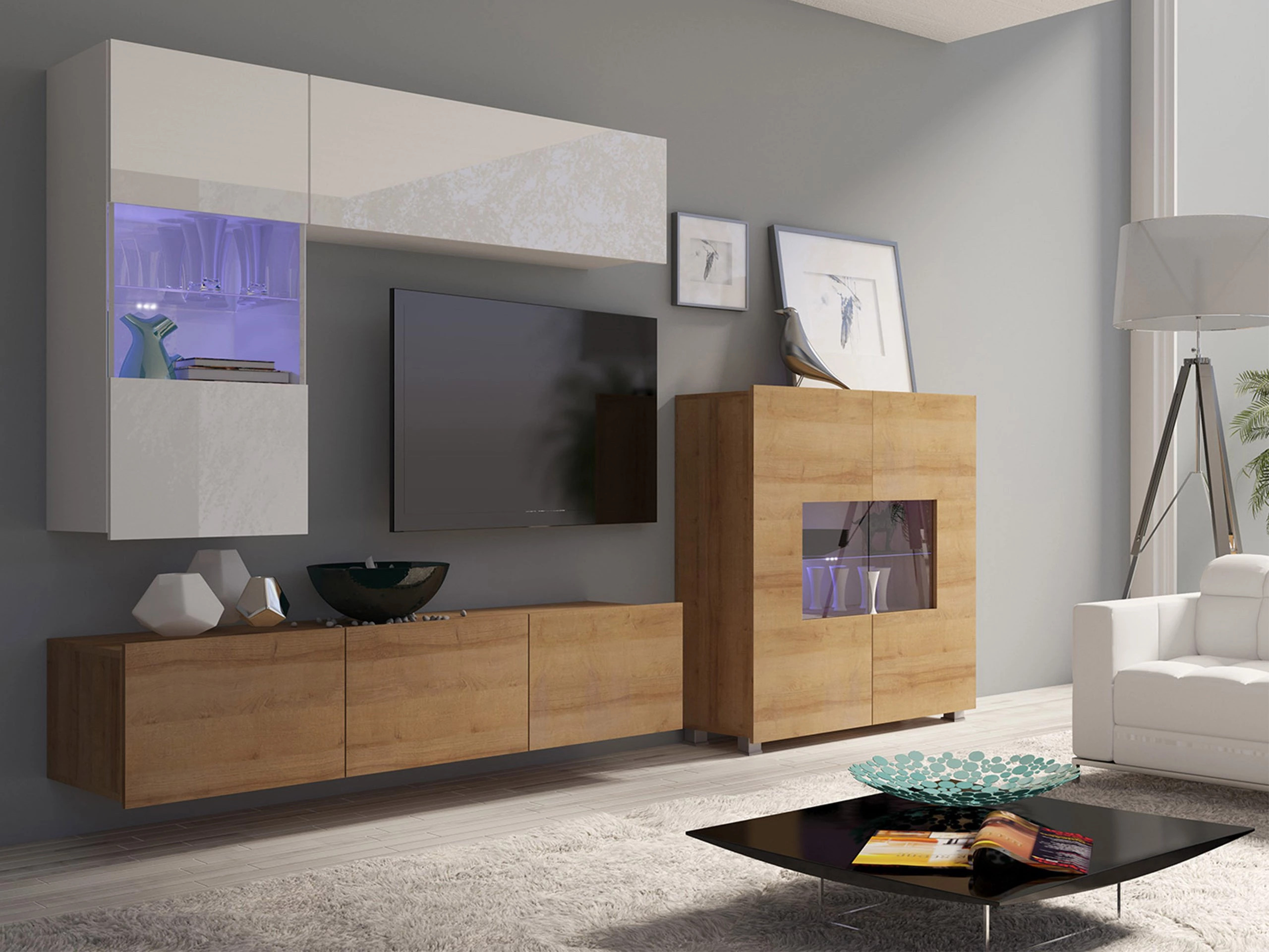Wohnzimmer-Sets Remus III (Goldene Eichenholzoptik + Weiss + Weiss glänzend)