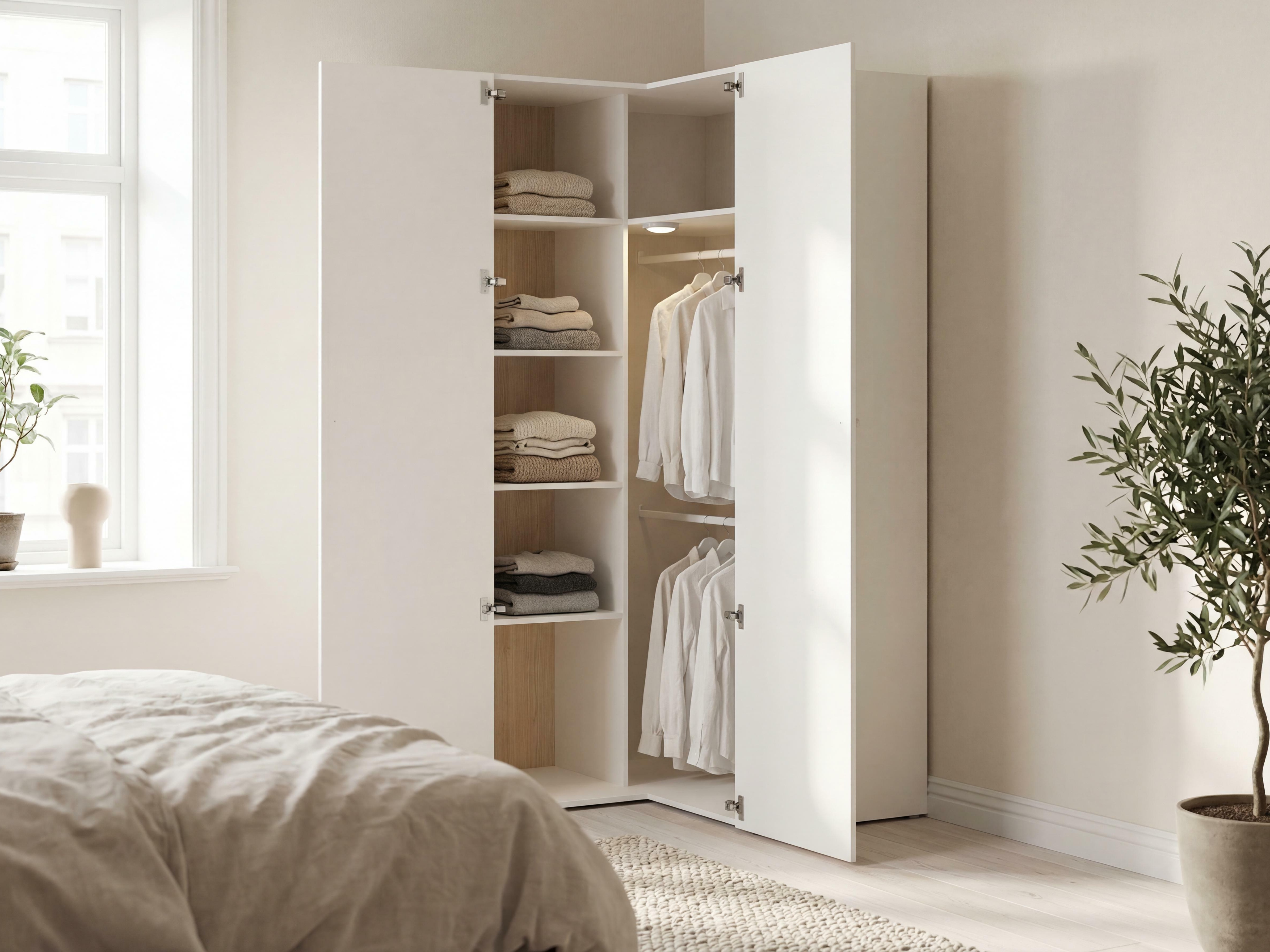 Eckkleiderschrank Tornolo 113 (Weiss + Hell Eichenholzoptik)