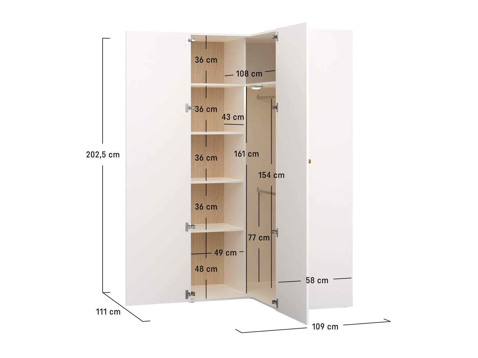 Eckkleiderschrank Tornolo 113 (Weiss + Hell Eichenholzoptik)