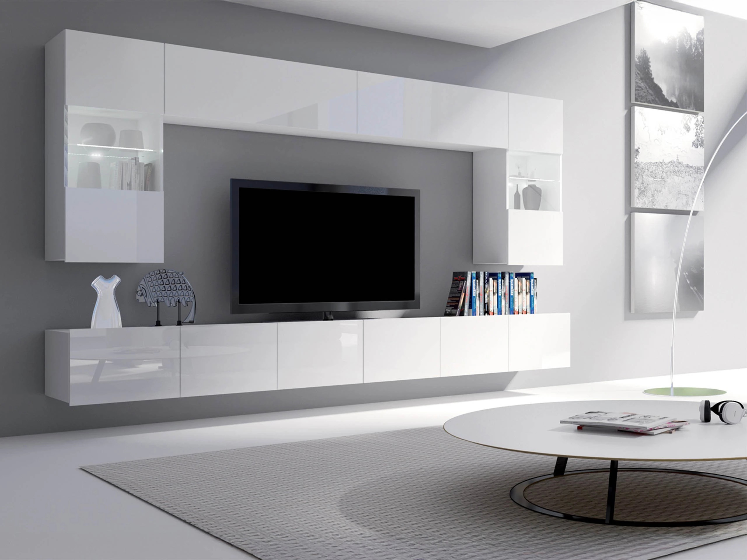 Wohnzimmer-Set Remus I (Weiss + Weiss glänzend)