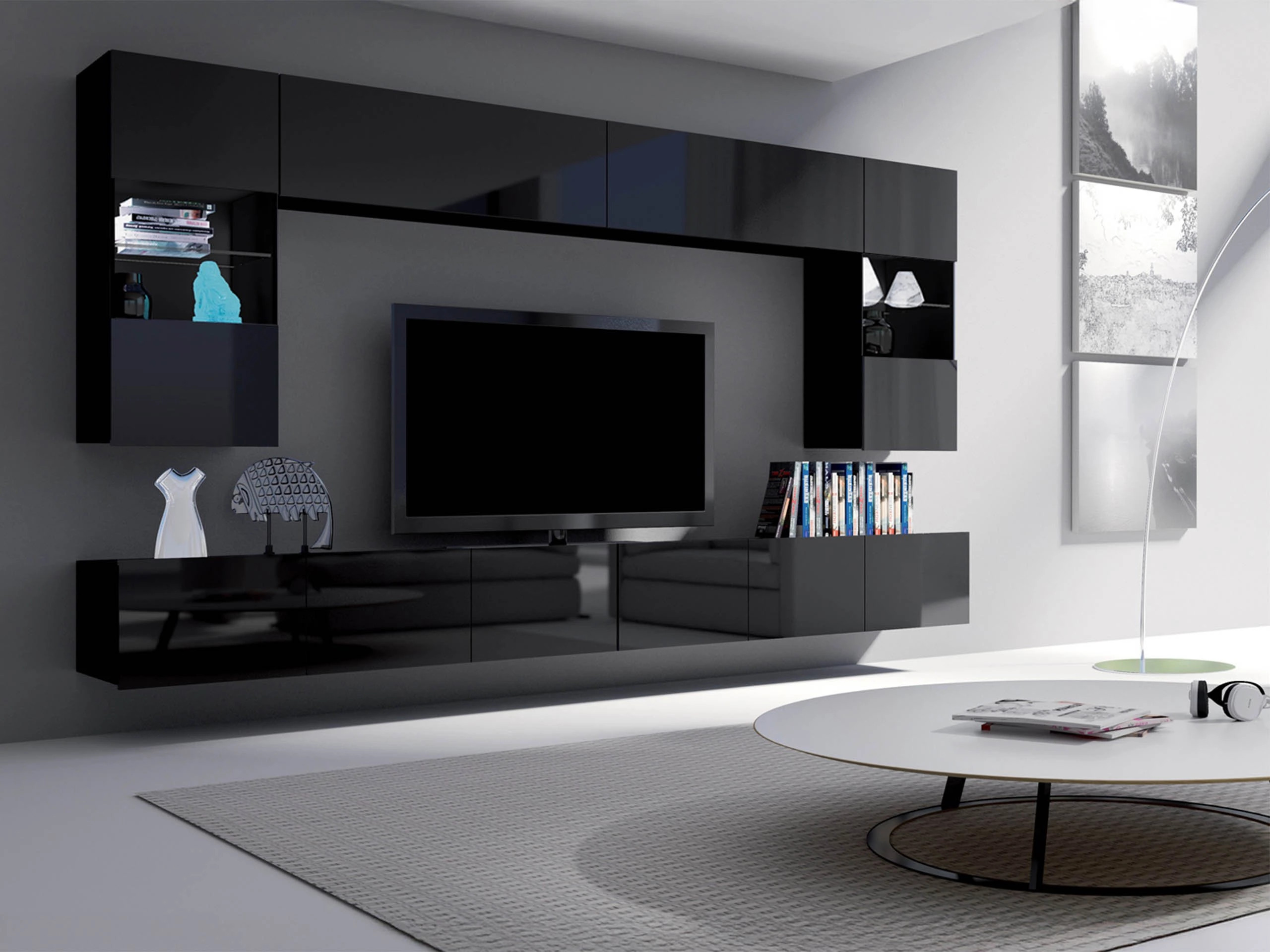 Wohnzimmer-Sets Remus I (Schwarz + Schwarz glänzend)