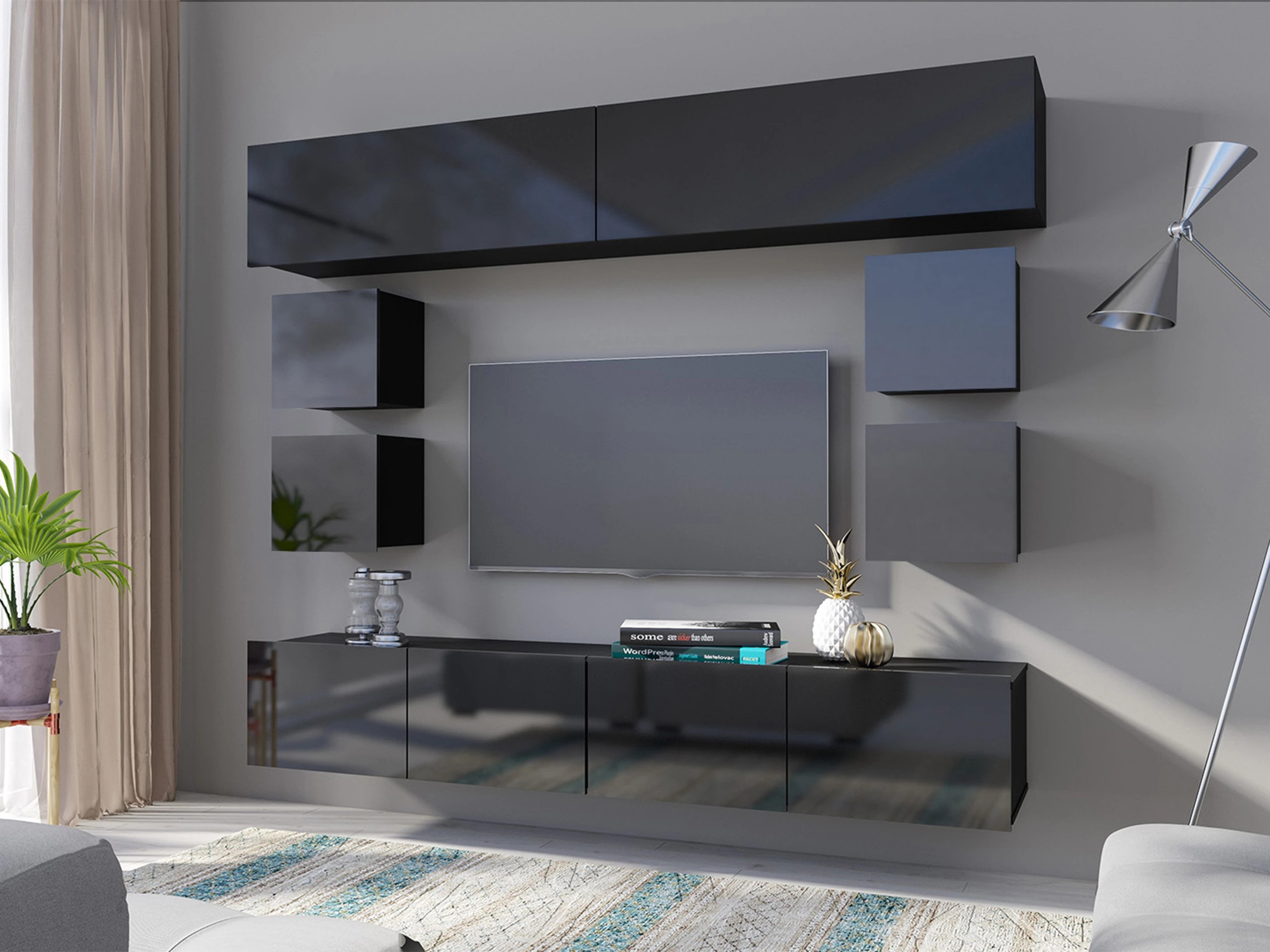 Hängeschrank Remus II (Schwarz + Schwarz glänzend)